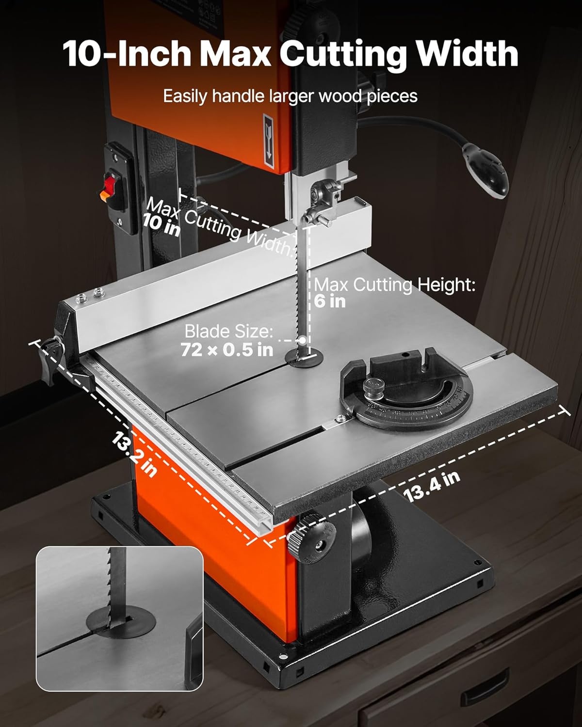 image:imageVEVOR Band Saw 10Inch TwoSpeed Benchtop Bandsaw with 373W 12 HP Motor 6 in Max Cutting Height 132 x 134 in Cast Iron Table with 360 Work Light Miter Gauge Fence Band Saw for Woodworking2126 x 1969 x 3543 in