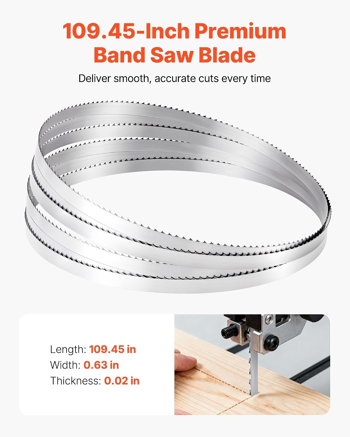 image:imageVEVOR Bandsaw Blade 10945 Inch Length 4 TPI Band Saw Blade with 18 HRC Hardened Sharp Teeth HighStrength Carbon Steel 06 Inch Width Replacement for Major Woodworking Band Saw Brands 1 Pack