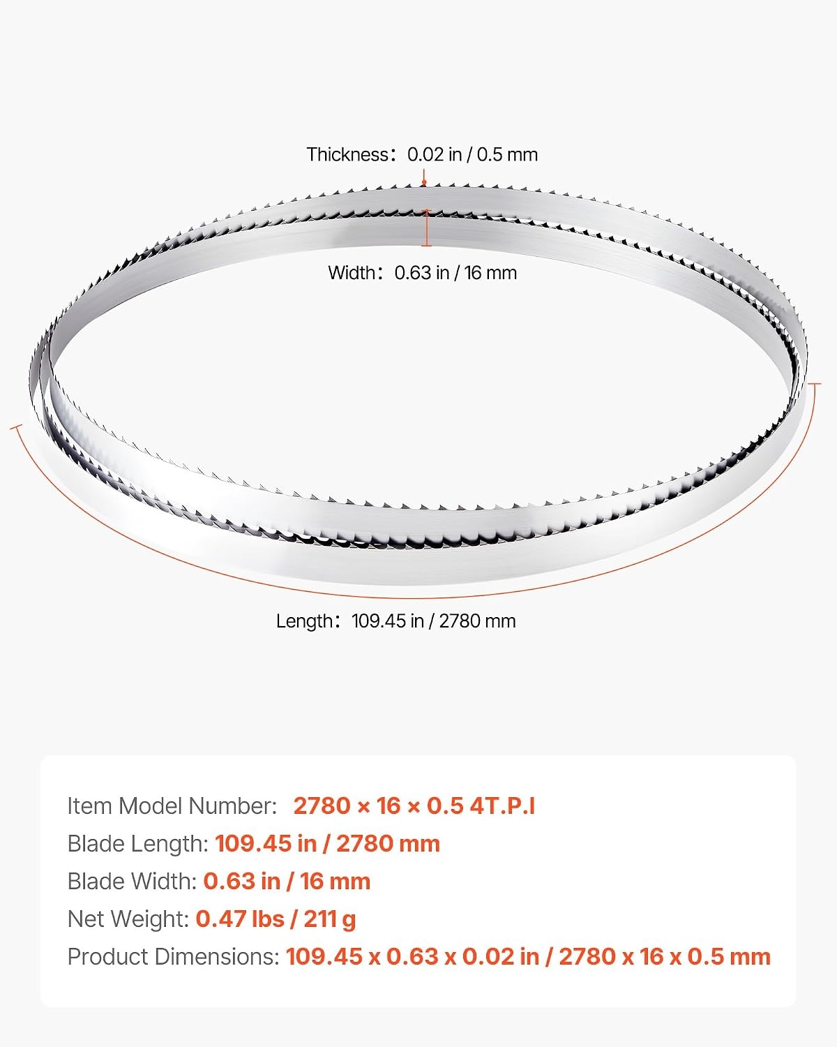 image:imageVEVOR Bandsaw Blade 10945 Inch Length 4 TPI Band Saw Blade with 18 HRC Hardened Sharp Teeth HighStrength Carbon Steel 06 Inch Width Replacement for Major Woodworking Band Saw Brands 1 Pack