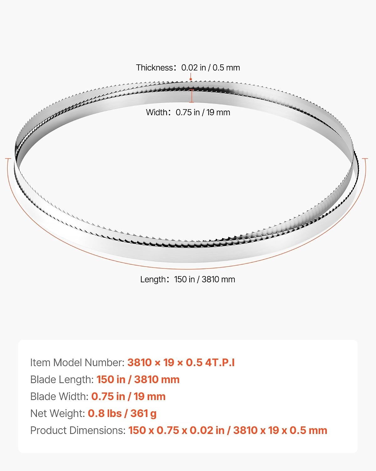 image:imageVEVOR Bandsaw Blade 150 Inch Length 4 TPI Band Saw Blade with 18 HRC Hardened Sharp Teeth SK5 HighStrength Carbon Steel 075 Inch Width Replacement for Major Woodworking Band Saw Brands 1 Pack