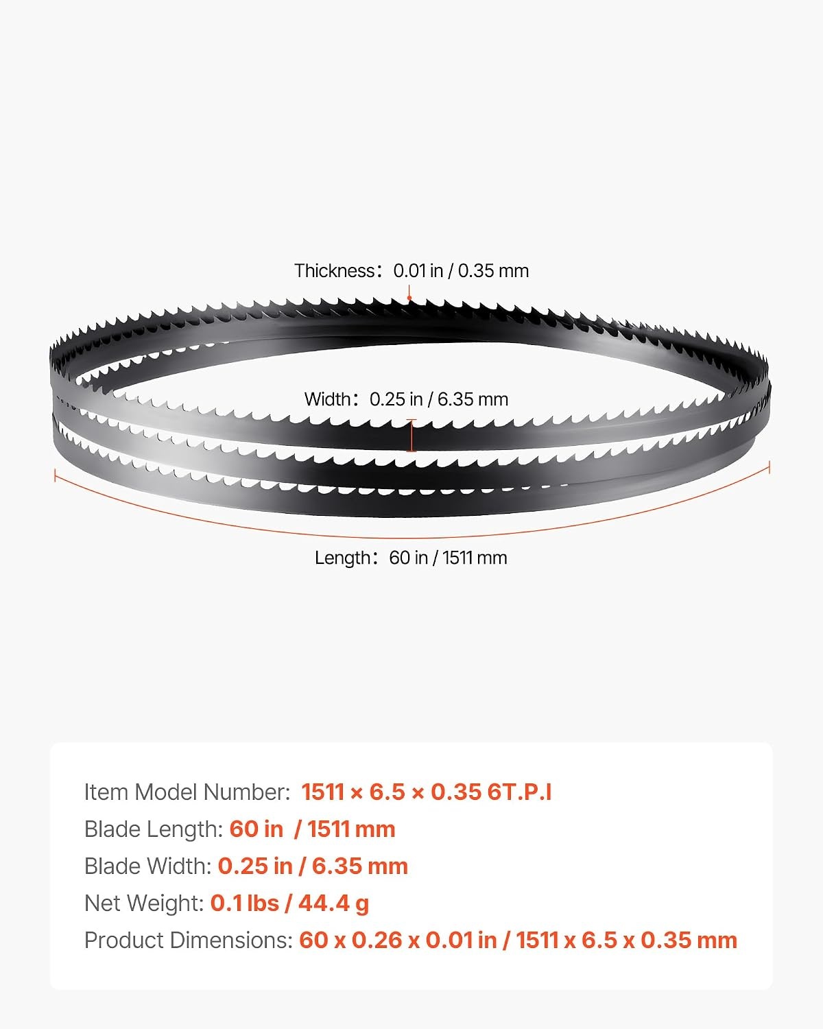 image:imageVEVOR Bandsaw Blade 60 Inch Length 6 TPI Band Saw Blade with 15 HRC Hardened Sharp Teeth SK5 HighStrength Carbon Steel 025 Inch Width Replacement for Major Woodworking Band Saw Brands 1 Pack