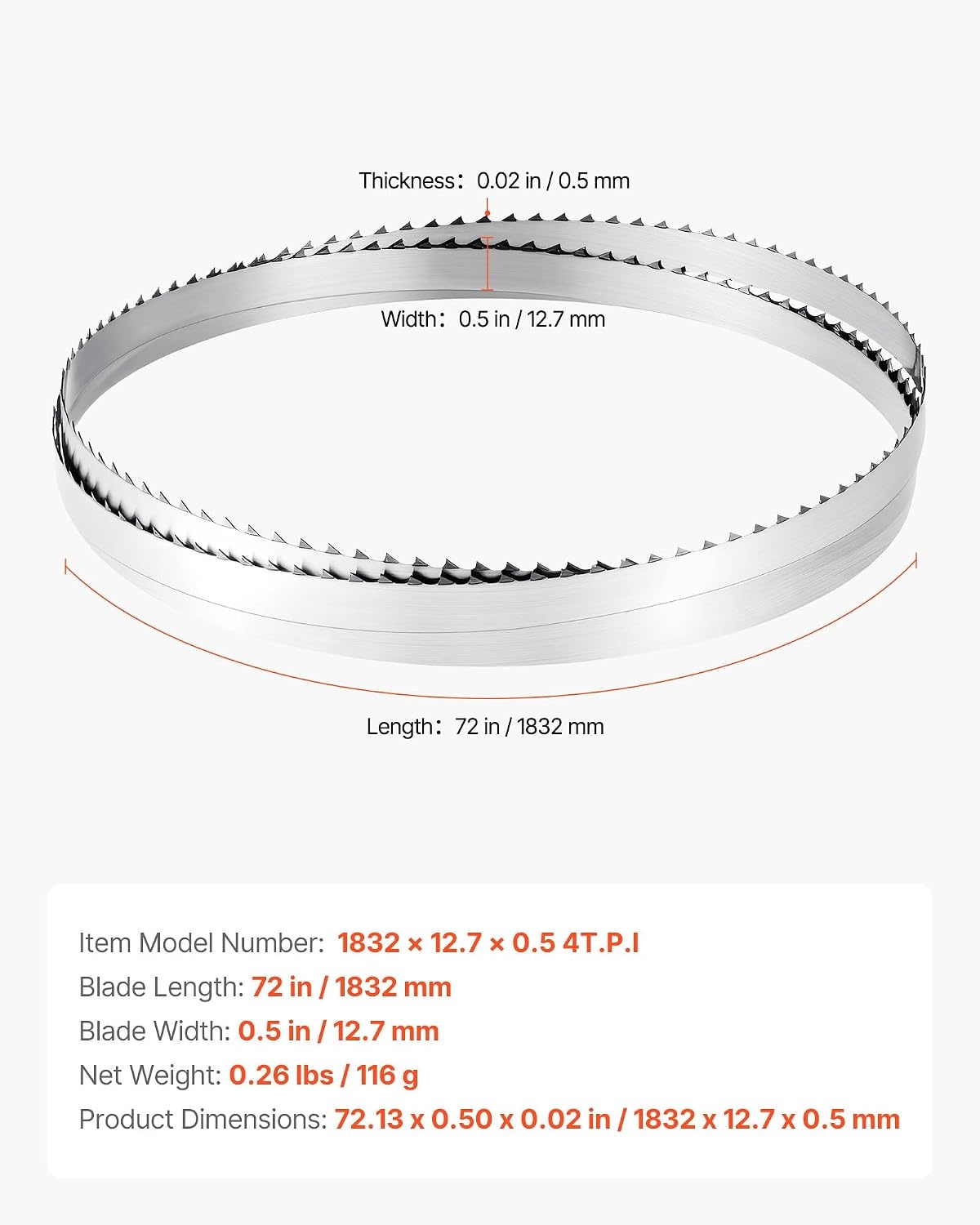 image:imageVEVOR Bandsaw Blade 72 Inch Length 4 TPI Band Saw Blade with 18 HRC Hardened Sharp Teeth SK5 HighStrength Carbon Steel 05 Inch Width Replacement for Major Woodworking Band Saw Brands 1 Pack
