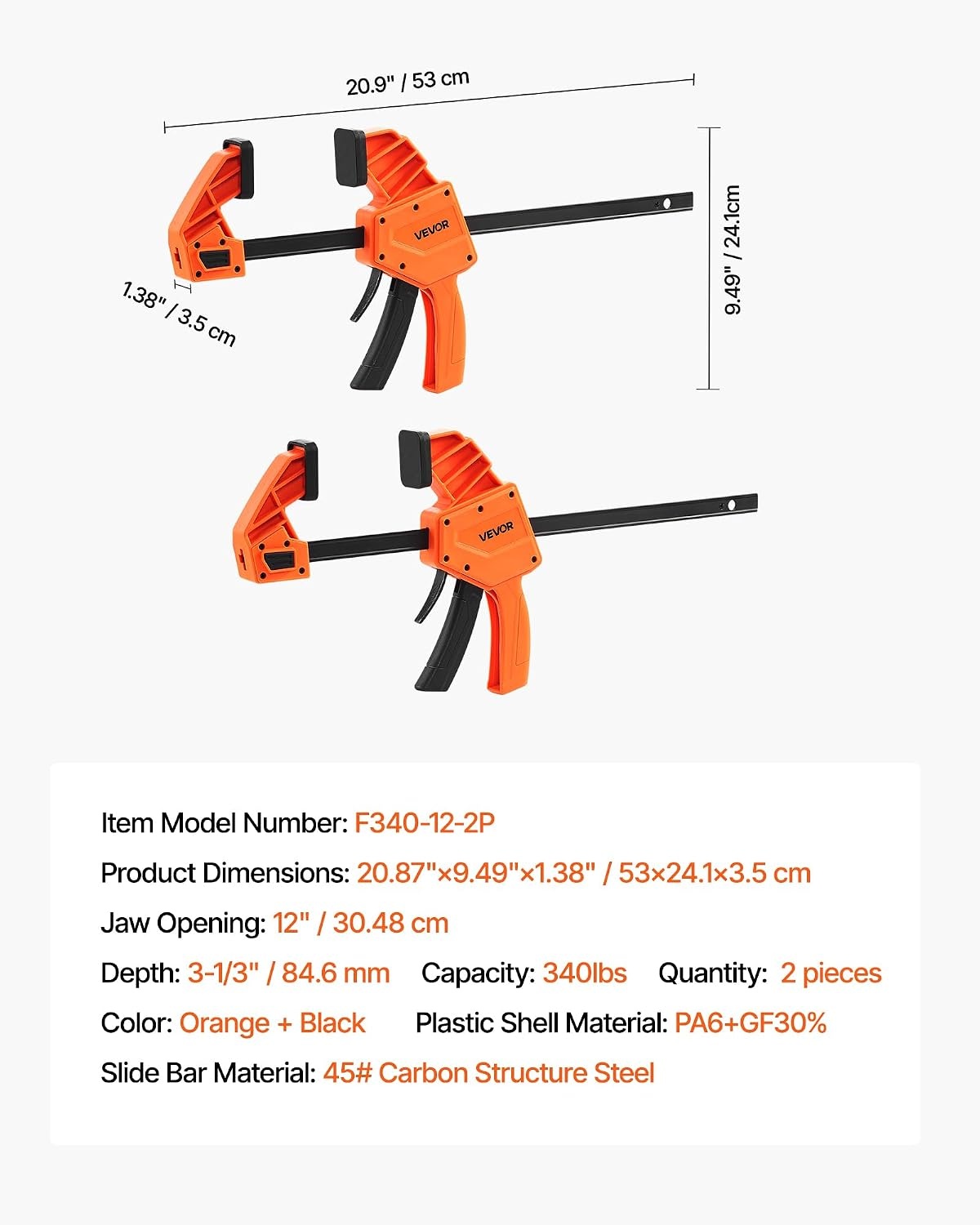 image:imageVEVOR Bar Clamps for Woodworking 2Pack 12 inch and 2Pack 6 inch OneHanded ClampSpreader QuickGrip FClamp with 154 lbs Load Limit Premium Plastic and Steel for Woodworking Metal workingLightDuty