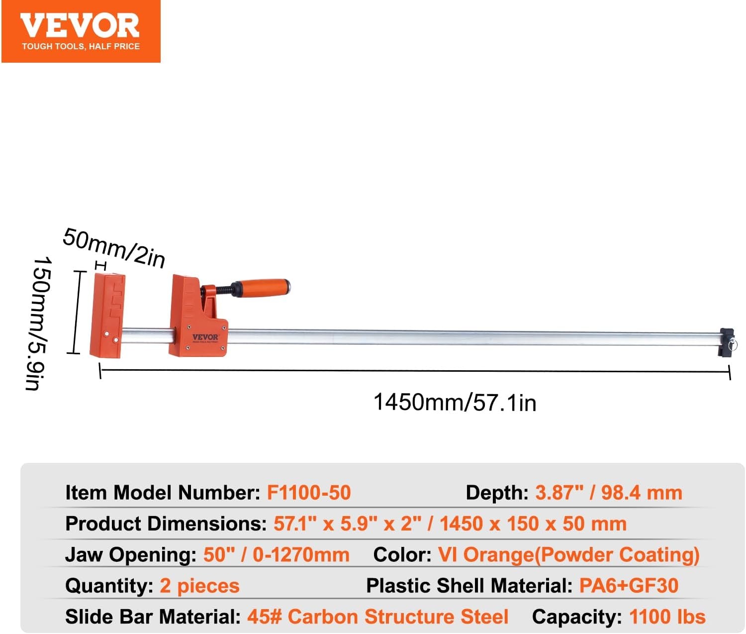 image:imageVEVOR Bar Clamps for Woodworking 2Pack 24 inch Parallel Clamp Set FClamp with 1500 lbs Load Limit Even Pressure Highstrength Plastic and Carbon Steel for Woodworking Metal Working Orange50