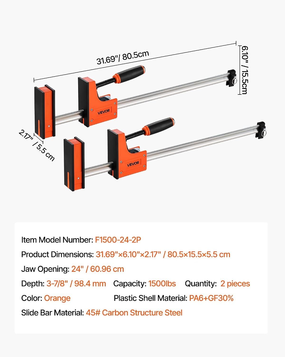 image:imageVEVOR Bar Clamps for Woodworking 2Pack 24 inch Parallel Clamp Set FClamp with 1500 lbs Load Limit Even Pressure Highstrength Plastic and Carbon Steel for Woodworking Metal Working Orange24