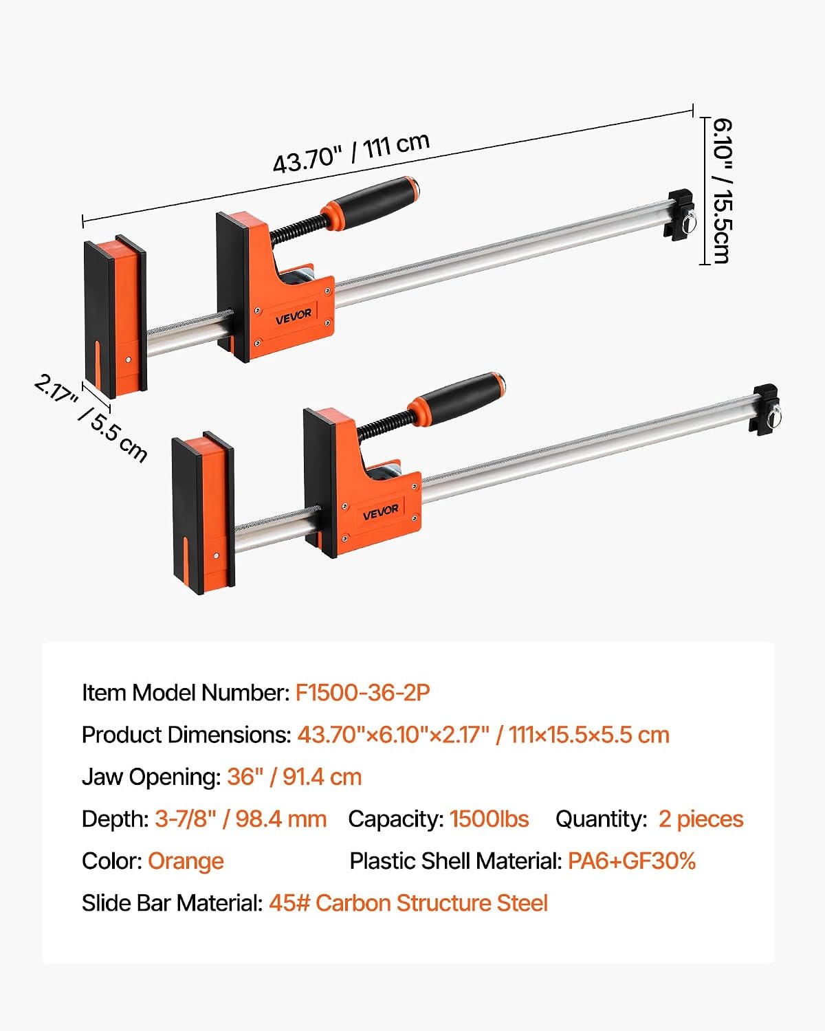 image:imageVEVOR Bar Clamps for Woodworking 2Pack 24 inch Parallel Clamp Set FClamp with 1500 lbs Load Limit Even Pressure Highstrength Plastic and Carbon Steel for Woodworking Metal Working Orange36