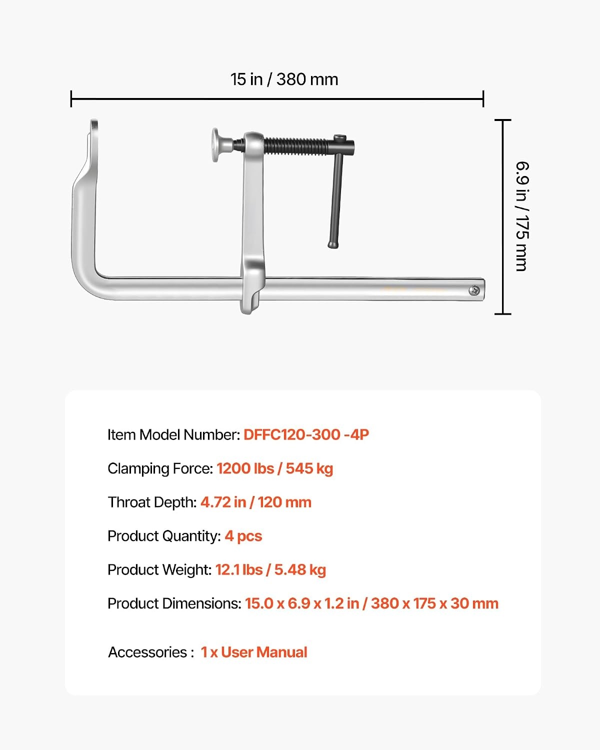 image:imageVEVOR Bar Clamps for Woodworking 4Pack 12 Opening 472 in Throat Depth 1200 lbs Load Limit Sturdy Steel Forging and Casting with Swivel Jaw and THandle for Wood Working and Metal Working