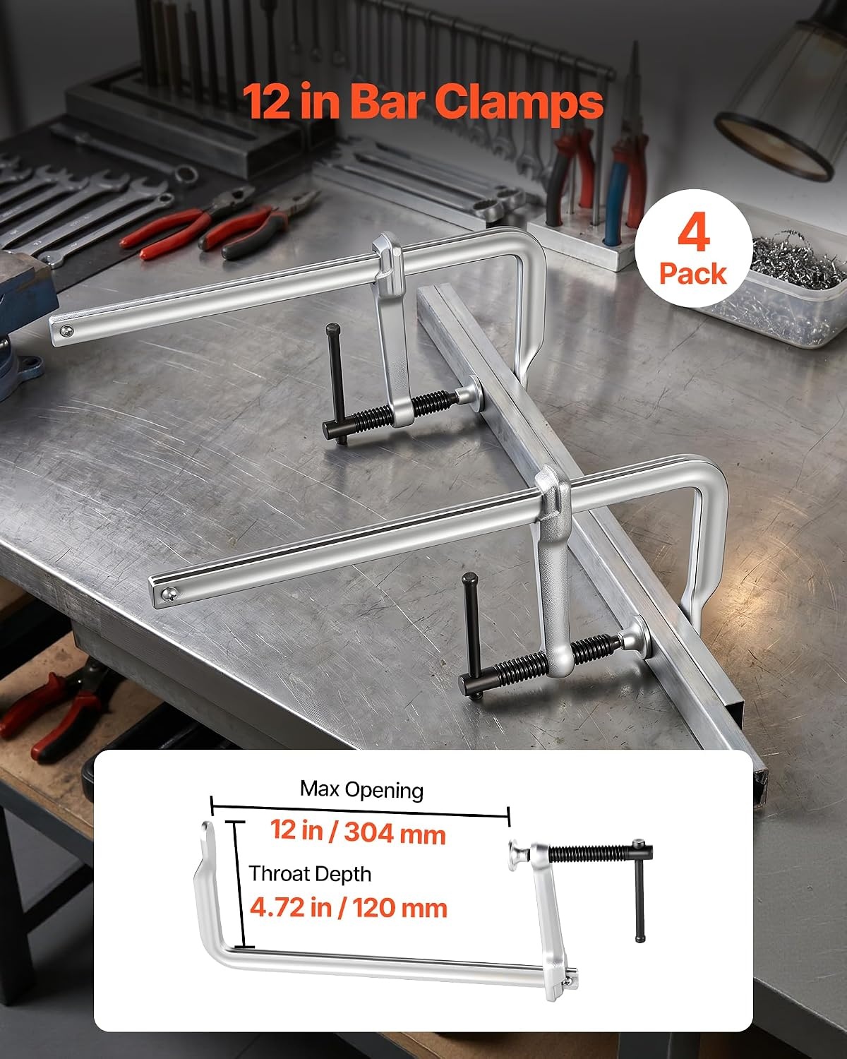image:imageVEVOR Bar Clamps for Woodworking 4Pack 12 Opening 472 in Throat Depth 1200 lbs Load Limit Sturdy Steel Forging and Casting with Swivel Jaw and THandle for Wood Working and Metal Working