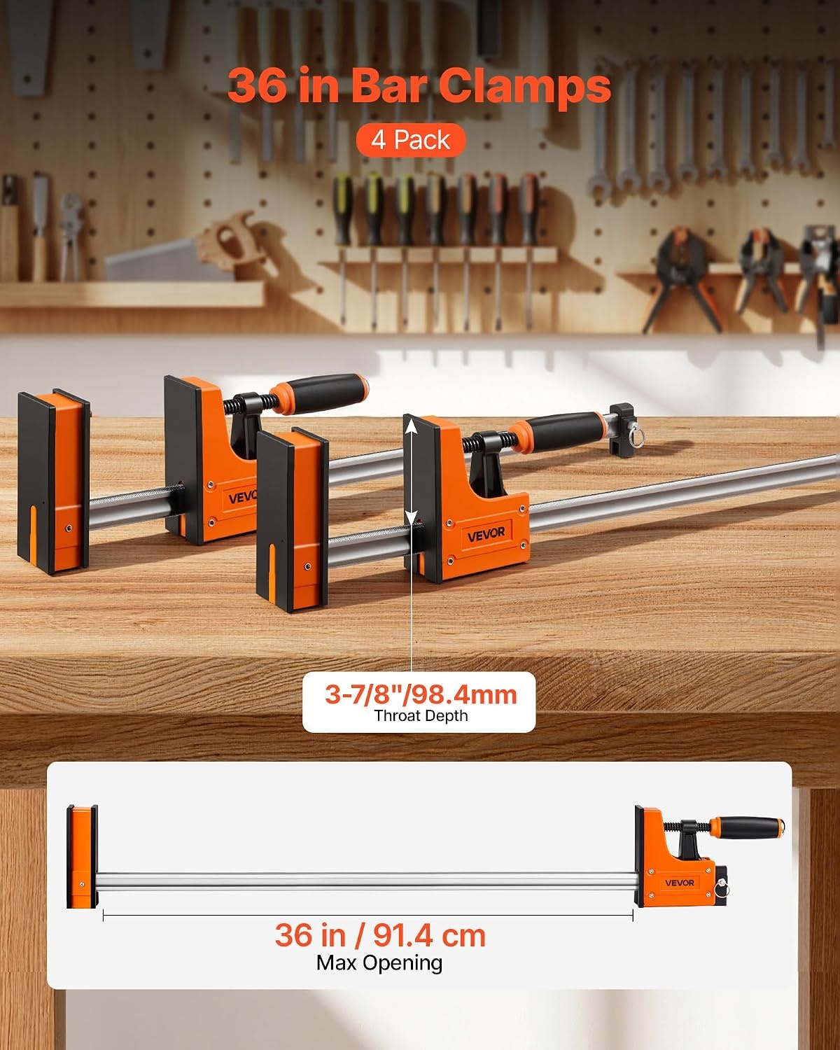 image:imageVEVOR Bar Clamps for Woodworking 4Pack 36 Opening F Clamps 1500 lbs Load Limit ClampSpreader 2 Modes Soft Rubber Pads Ergonomic Handle Carbon Steel Bar for Wood Working and Metal Working