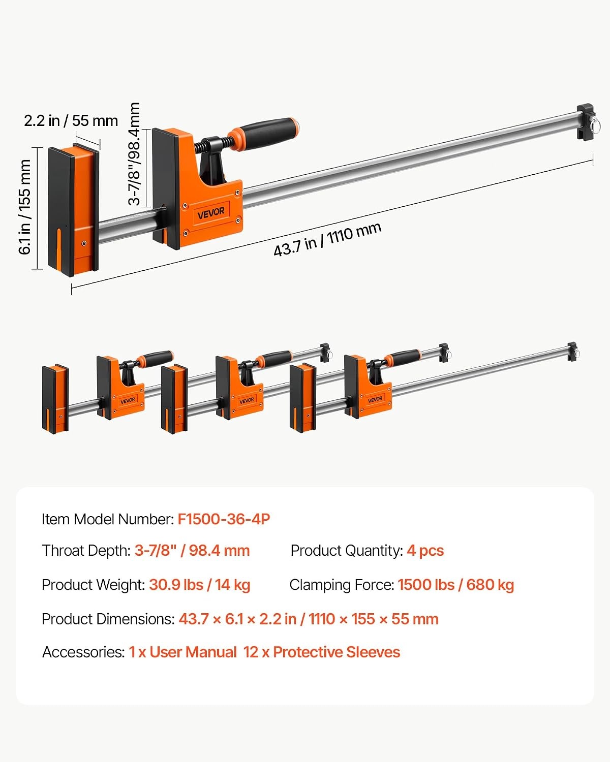 image:imageVEVOR Bar Clamps for Woodworking 4Pack 36 Opening F Clamps 1500 lbs Load Limit ClampSpreader 2 Modes Soft Rubber Pads Ergonomic Handle Carbon Steel Bar for Wood Working and Metal Working