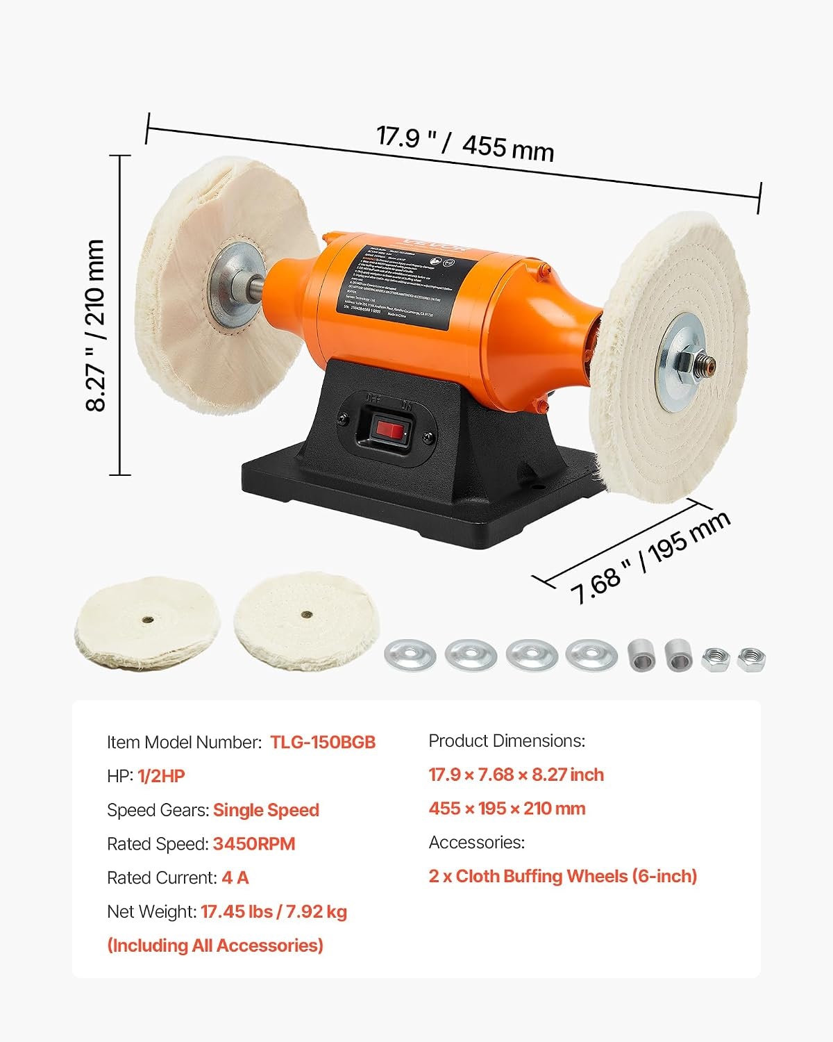 image:imageVEVOR Bench Buffer Polisher 12HP Polishing Buffing Machine 0 to 8000RPM Benchtop Polisher Grinder with 4 Cloth Wheel 3 Grinding Wheel amp 3 Fiber Wheel for Metal Jewelry Wood and Plastic12HP6inch