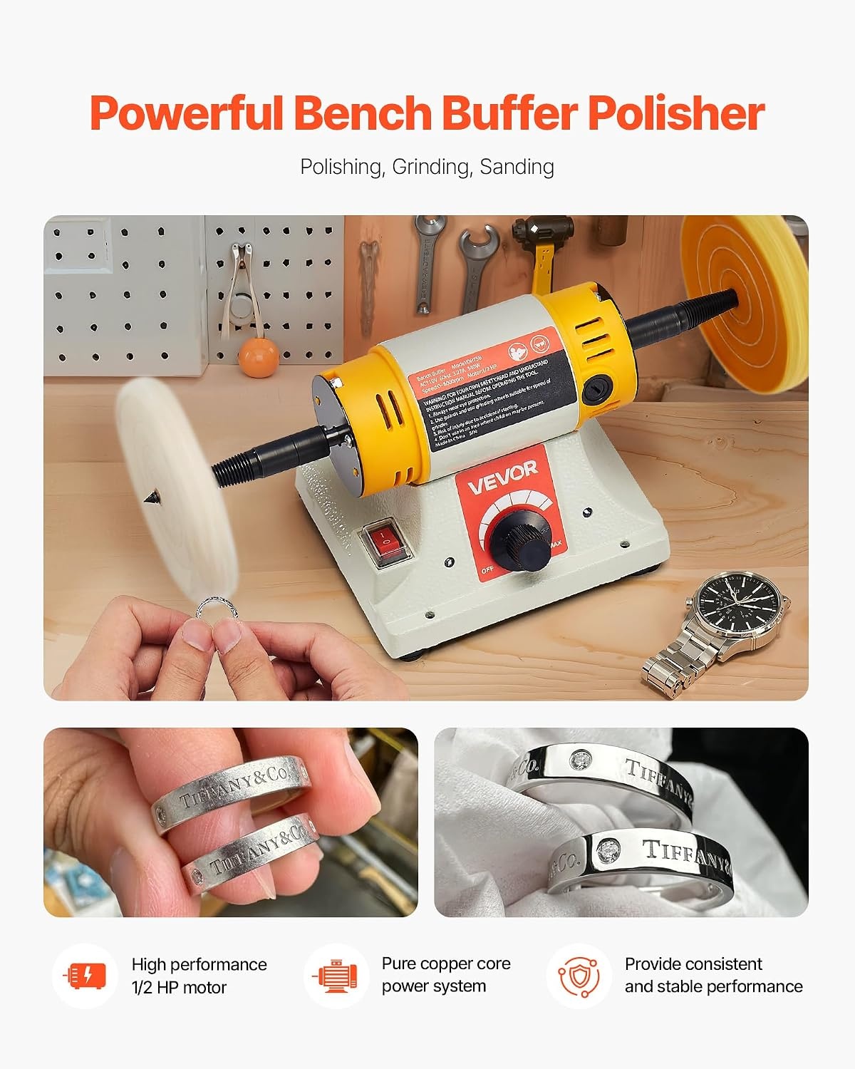 image:imageVEVOR Bench Buffer Polisher 12HP Polishing Buffing Machine 0 to 8000RPM Benchtop Polisher Grinder with 4 Cloth Wheel 3 Grinding Wheel amp 3 Fiber Wheel for Metal Jewelry Wood and Plastic12HP4inch