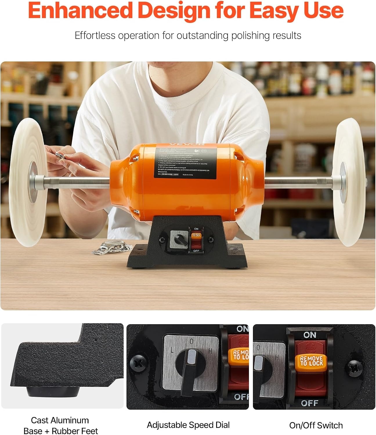 image:imageVEVOR Bench Buffer Polisher 12HP Polishing Buffing Machine 0 to 8000RPM Benchtop Polisher Grinder with 4 Cloth Wheel 3 Grinding Wheel amp 3 Fiber Wheel for Metal Jewelry Wood and Plastic12HP8inch