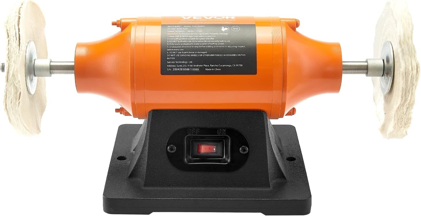 image:imageVEVOR Bench Buffer Polisher 12HP Polishing Buffing Machine 0 to 8000RPM Benchtop Polisher Grinder with 4 Cloth Wheel 3 Grinding Wheel amp 3 Fiber Wheel for Metal Jewelry Wood and Plastic12HP6inch