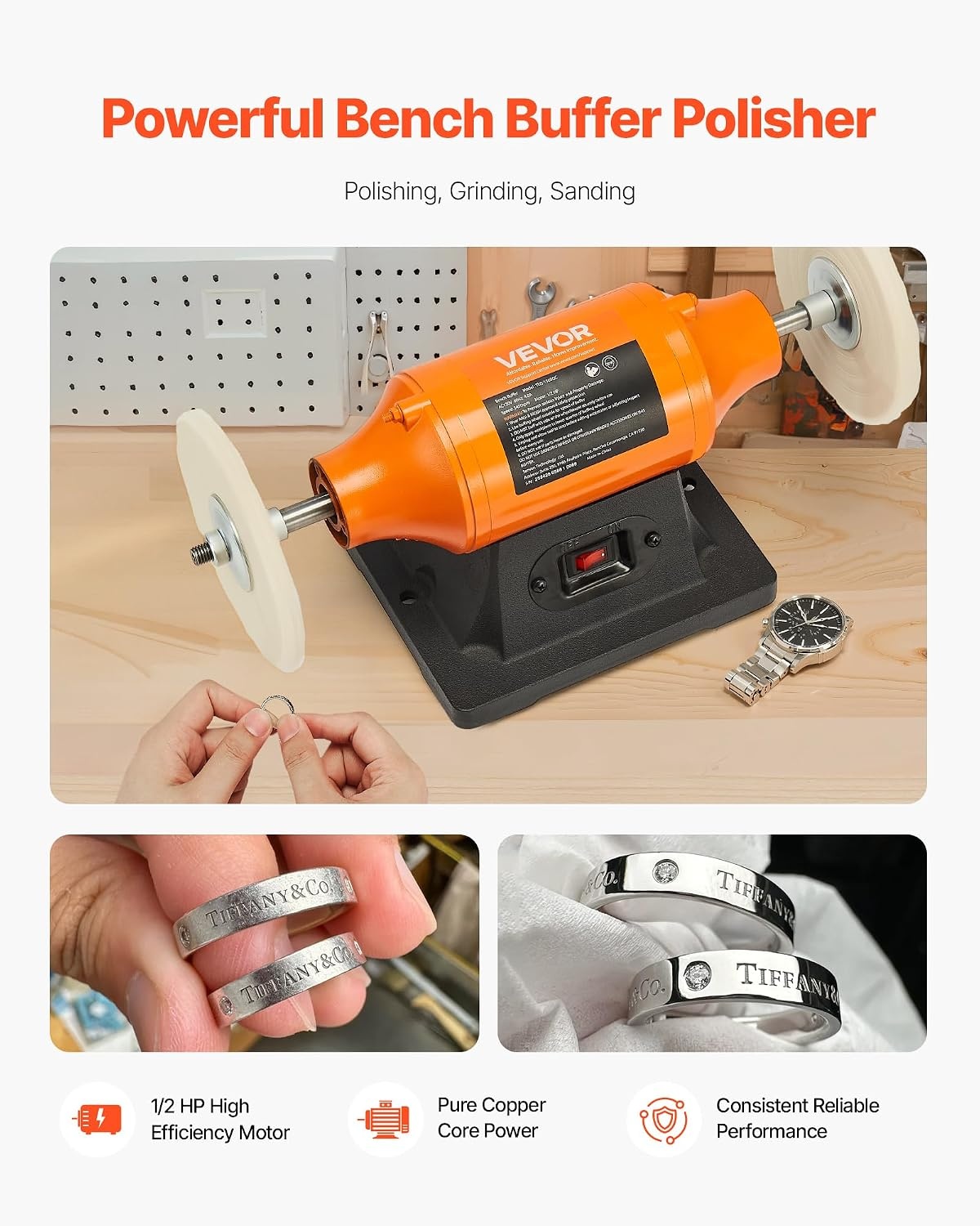 image:imageVEVOR Bench Buffer Polisher 12HP Polishing Buffing Machine 0 to 8000RPM Benchtop Polisher Grinder with 4 Cloth Wheel 3 Grinding Wheel amp 3 Fiber Wheel for Metal Jewelry Wood and Plastic12HP6inch