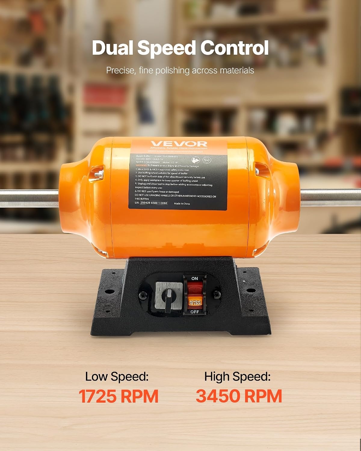 image:imageVEVOR Bench Buffer Polisher 12HP Polishing Buffing Machine 0 to 8000RPM Benchtop Polisher Grinder with 4 Cloth Wheel 3 Grinding Wheel amp 3 Fiber Wheel for Metal Jewelry Wood and Plastic12HP8inch