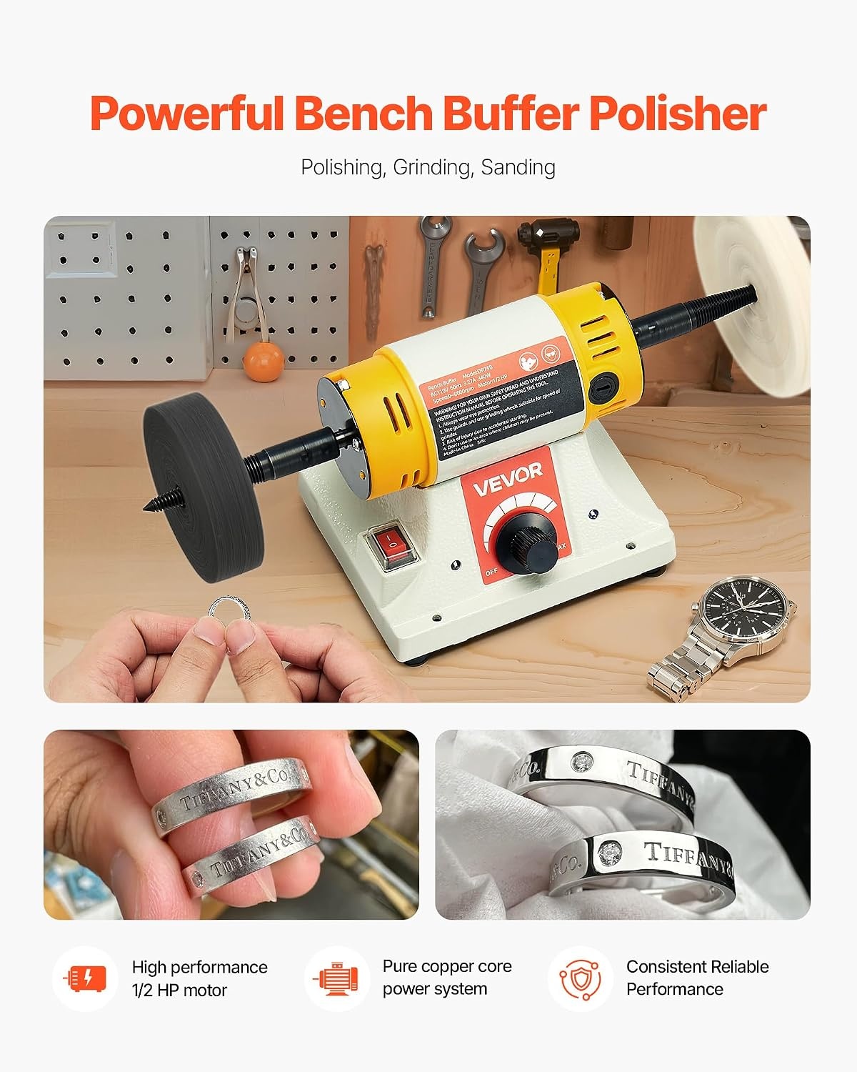 image:imageVEVOR Bench Buffer Polisher 12HP Polishing Buffing Machine 0 to 8000RPM Benchtop Polisher Grinder with 4 Cloth Wheel 3 Grinding Wheel amp 3 Fiber Wheel for Metal Jewelry Wood and Plastic12HP4inchStylobate