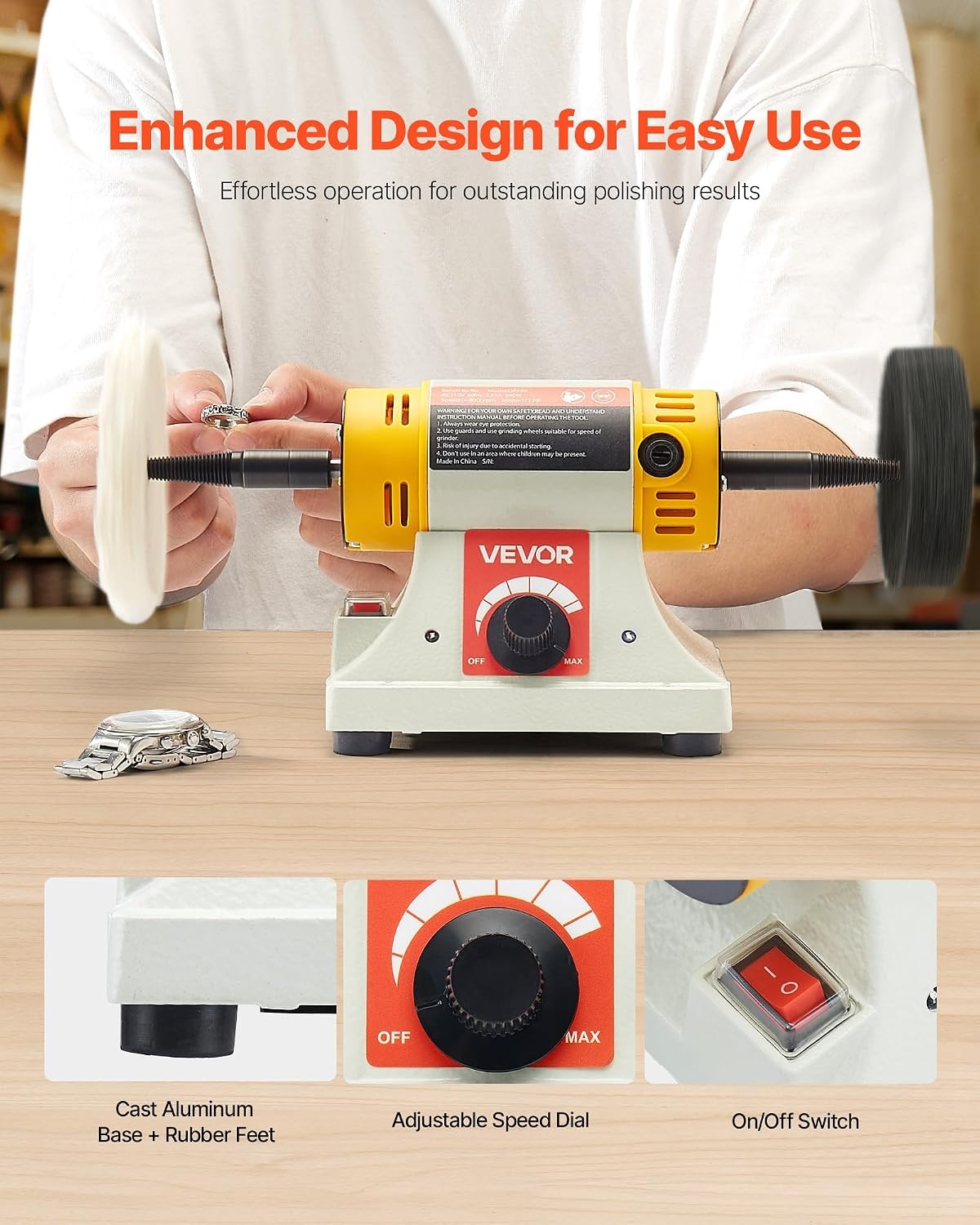 image:imageVEVOR Bench Buffer Polisher 12HP Polishing Buffing Machine 0 to 8000RPM Benchtop Polisher Grinder with 4 Cloth Wheel 3 Grinding Wheel amp 3 Fiber Wheel for Metal Jewelry Wood and Plastic12HP4inchStylobate