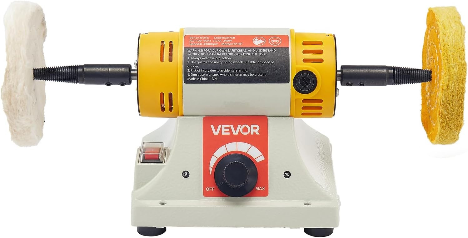 image:imageVEVOR Bench Buffer Polisher 12HP Polishing Buffing Machine 0 to 8000RPM Benchtop Polisher Grinder with 4 Cloth Wheel 3 Grinding Wheel amp 3 Fiber Wheel for Metal Jewelry Wood and Plastic12HP4inch