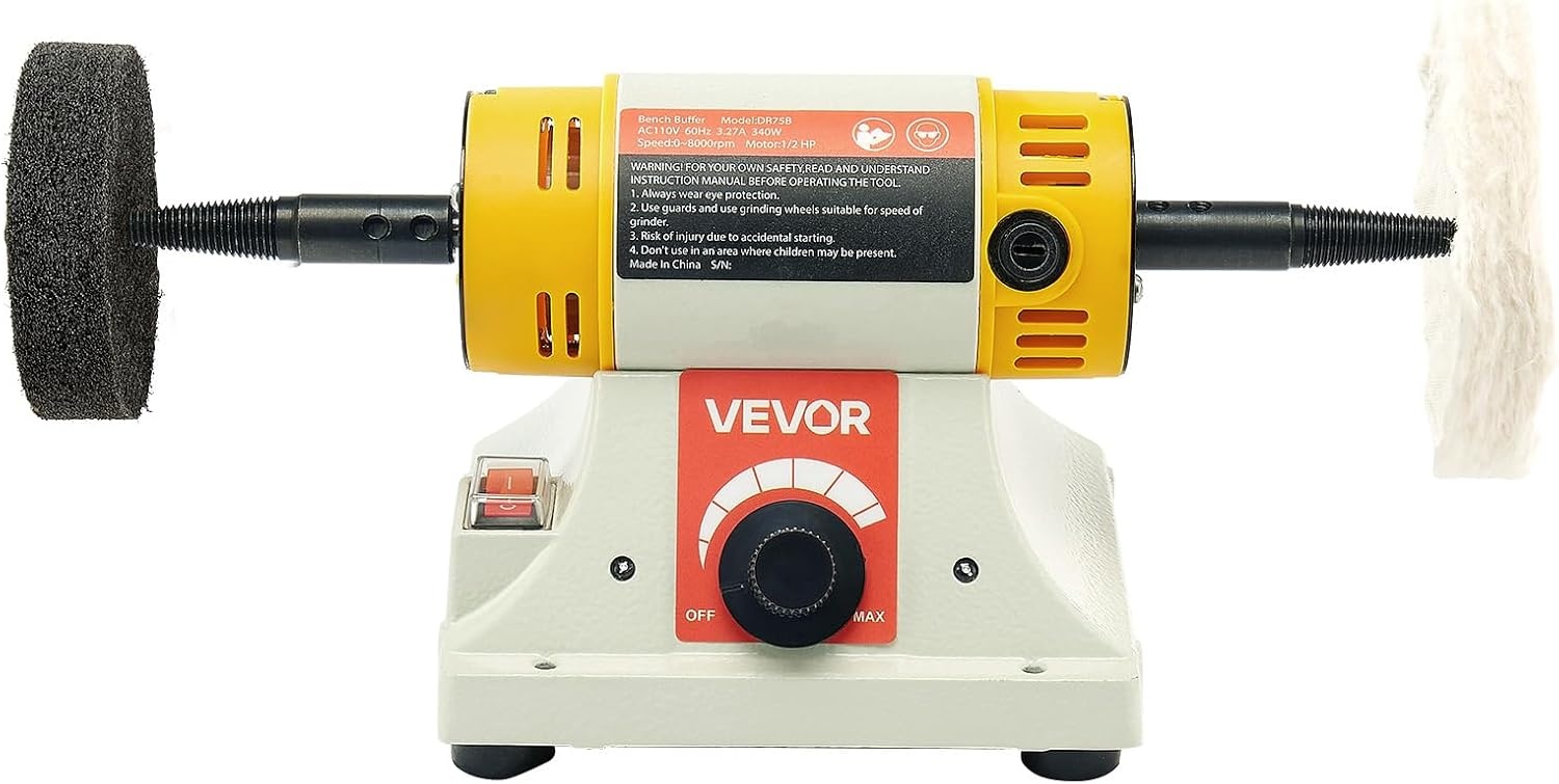 image:imageVEVOR Bench Buffer Polisher 12HP Polishing Buffing Machine 0 to 8000RPM Benchtop Polisher Grinder with 4 Cloth Wheel 3 Grinding Wheel amp 3 Fiber Wheel for Metal Jewelry Wood and Plastic12HP4inchStylobate