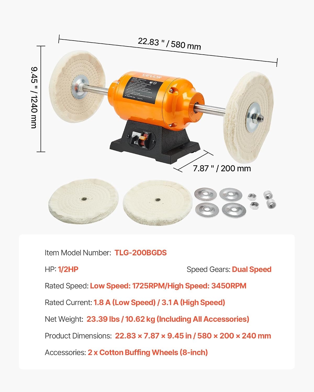 image:imageVEVOR Bench Buffer Polisher 12HP Polishing Buffing Machine 0 to 8000RPM Benchtop Polisher Grinder with 4 Cloth Wheel 3 Grinding Wheel amp 3 Fiber Wheel for Metal Jewelry Wood and Plastic12HP8inch