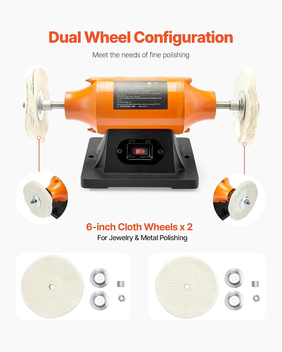 image:imageVEVOR Bench Buffer Polisher 12HP Polishing Buffing Machine 0 to 8000RPM Benchtop Polisher Grinder with 4 Cloth Wheel 3 Grinding Wheel amp 3 Fiber Wheel for Metal Jewelry Wood and Plastic12HP6inch