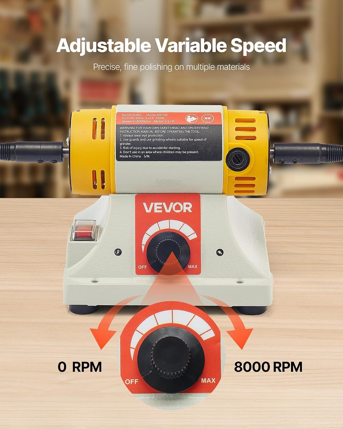 image:imageVEVOR Bench Buffer Polisher 12HP Polishing Buffing Machine 0 to 8000RPM Benchtop Polisher Grinder with 4 Cloth Wheel 3 Grinding Wheel amp 3 Fiber Wheel for Metal Jewelry Wood and Plastic12HP4inch
