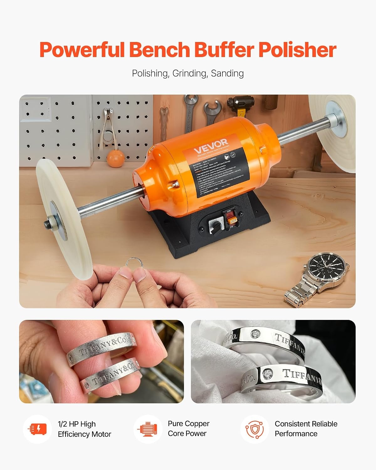image:imageVEVOR Bench Buffer Polisher 12HP Polishing Buffing Machine 0 to 8000RPM Benchtop Polisher Grinder with 4 Cloth Wheel 3 Grinding Wheel amp 3 Fiber Wheel for Metal Jewelry Wood and Plastic12HP8inch