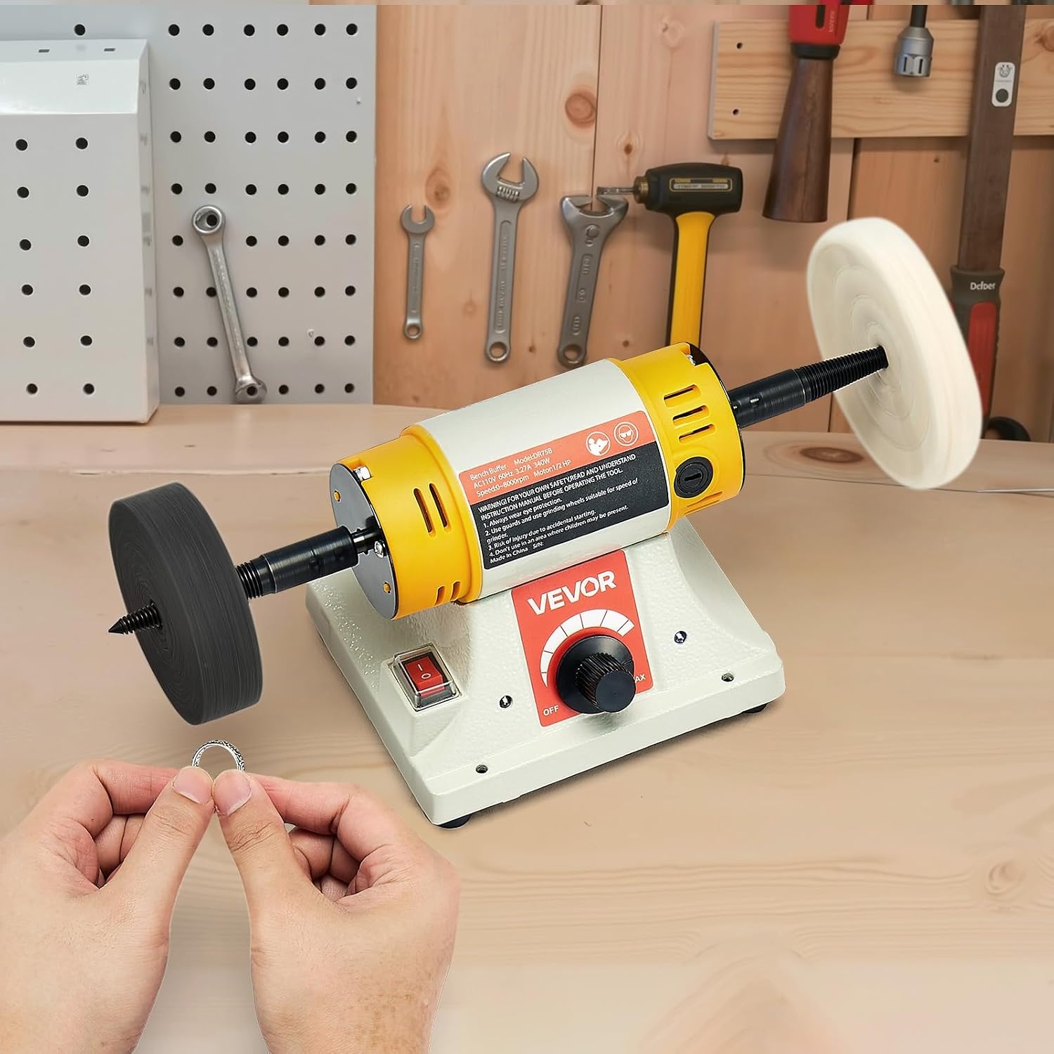 image:imageVEVOR Bench Buffer Polisher 12HP Polishing Buffing Machine 0 to 8000RPM Benchtop Polisher Grinder with 4 Cloth Wheel 3 Grinding Wheel amp 3 Fiber Wheel for Metal Jewelry Wood and Plastic12HP4inchStylobate