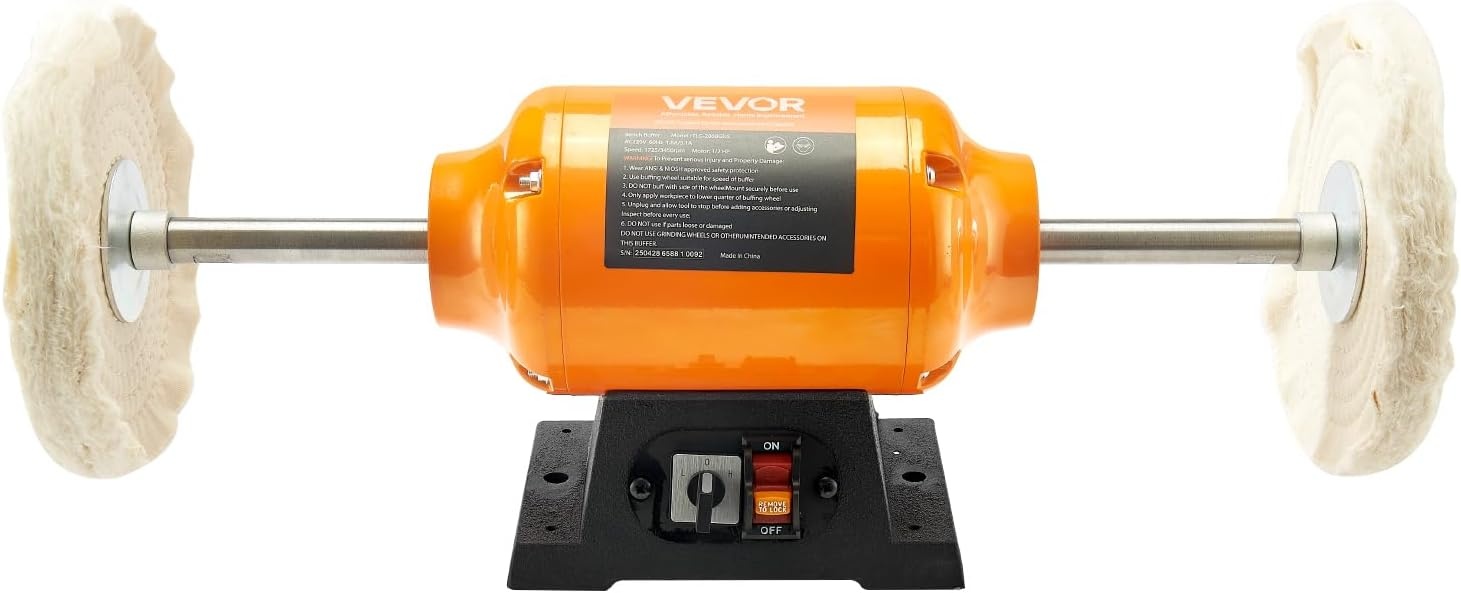image:imageVEVOR Bench Buffer Polisher 12HP Polishing Buffing Machine 0 to 8000RPM Benchtop Polisher Grinder with 4 Cloth Wheel 3 Grinding Wheel amp 3 Fiber Wheel for Metal Jewelry Wood and Plastic12HP8inch