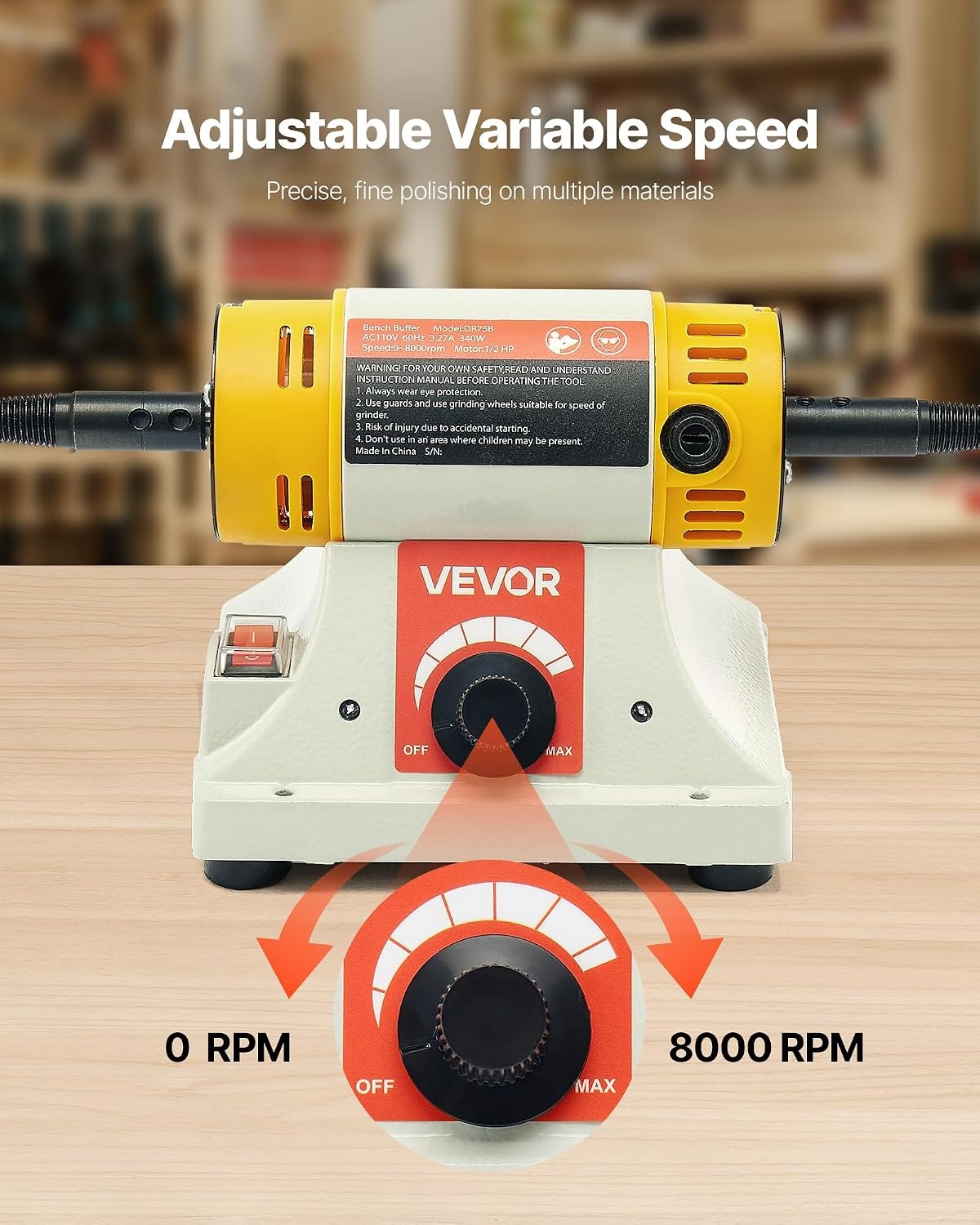 image:imageVEVOR Bench Buffer Polisher 12HP Polishing Buffing Machine 0 to 8000RPM Benchtop Polisher Grinder with 4 Cloth Wheel 3 Grinding Wheel amp 3 Fiber Wheel for Metal Jewelry Wood and Plastic12HP4inchStylobate