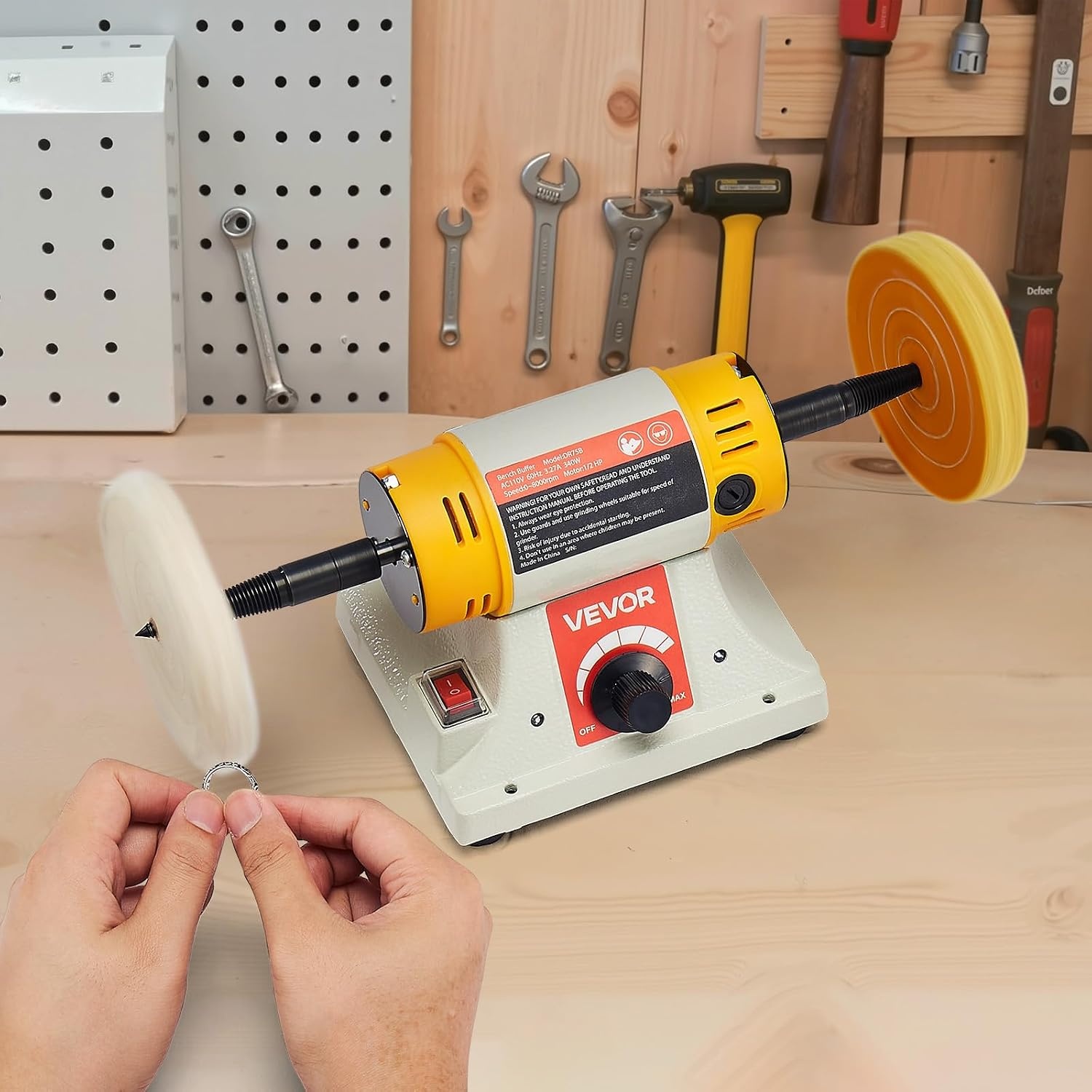 image:imageVEVOR Bench Buffer Polisher 12HP Polishing Buffing Machine 0 to 8000RPM Benchtop Polisher Grinder with 4 Cloth Wheel 3 Grinding Wheel amp 3 Fiber Wheel for Metal Jewelry Wood and Plastic12HP4inch
