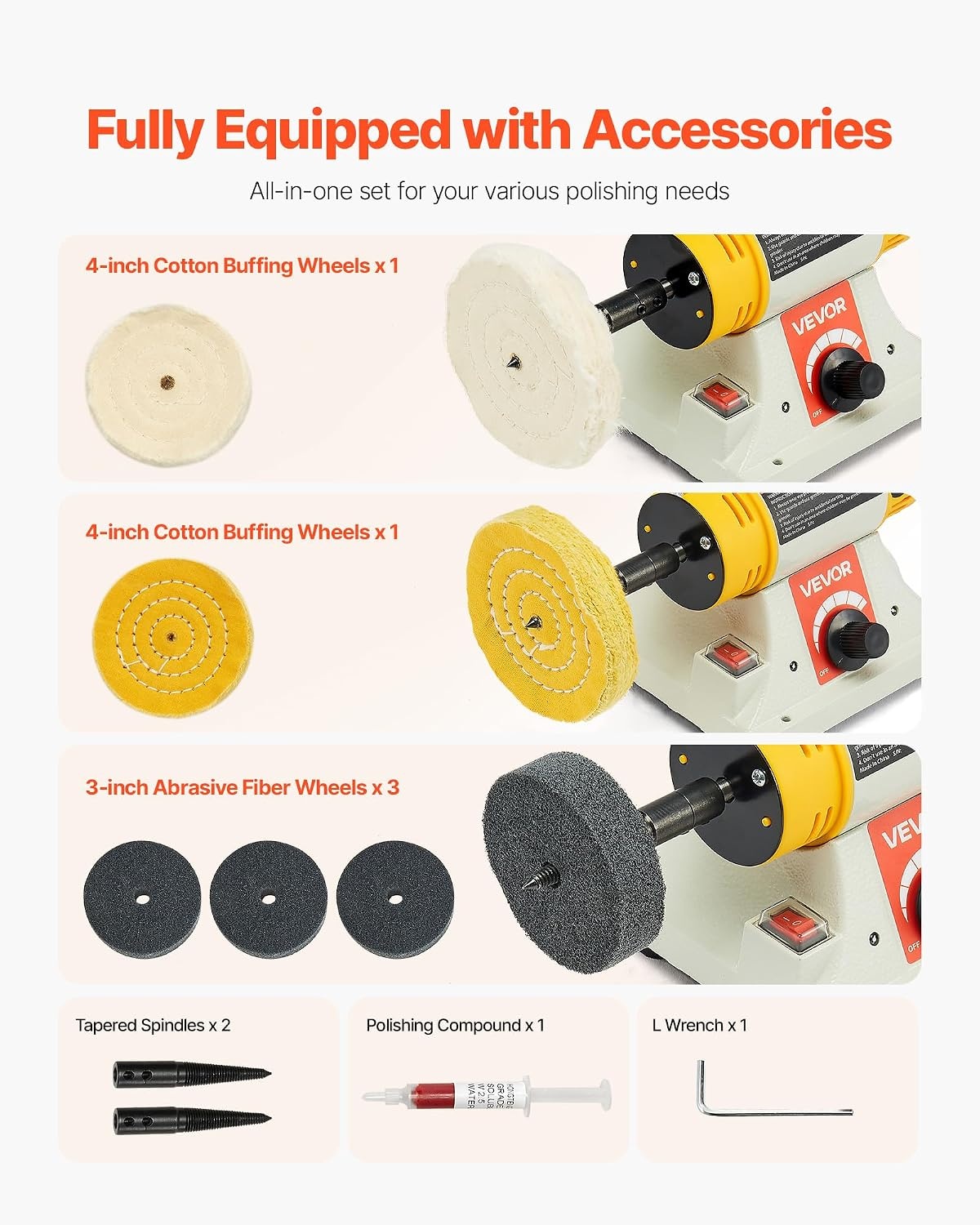 image:imageVEVOR Bench Buffer Polisher 12HP Polishing Buffing Machine 0 to 8000RPM Benchtop Polisher Grinder with 4 Cloth Wheel 3 Grinding Wheel amp 3 Fiber Wheel for Metal Jewelry Wood and Plastic12HP4inch