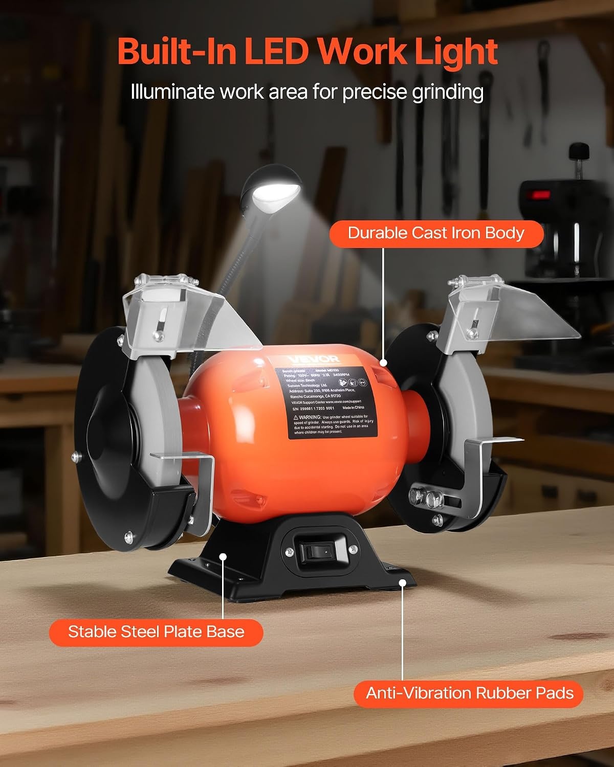 image:imageVEVOR Bench Grinder 6in Single Speed 3450RPM HighSpeed Table Grinders with 450W 38A 35Hp Induction Motor 3660Grit Grinding Wheel amp Adjustable Eye Shield for Fast Sharpening Grinding6 Inch HighSpeed w Light