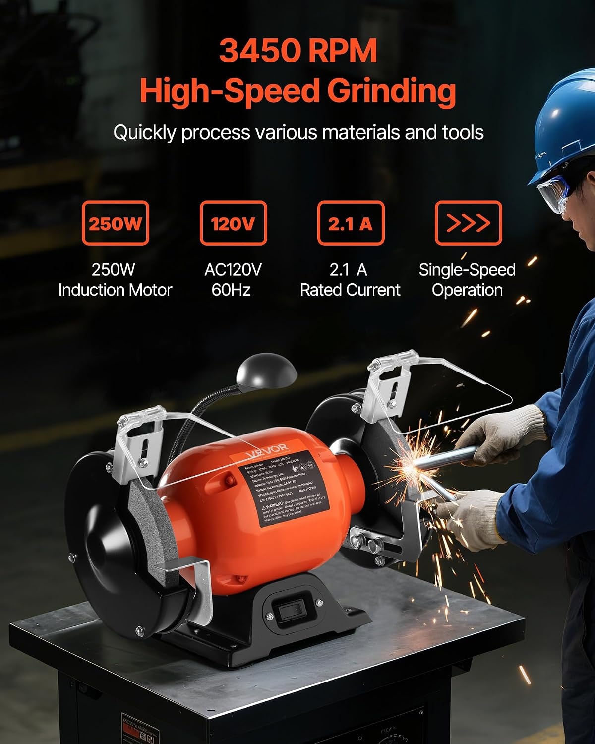 image:imageVEVOR Bench Grinder 6in Single Speed 3450RPM HighSpeed Table Grinders with 450W 38A 35Hp Induction Motor 3660Grit Grinding Wheel amp Adjustable Eye Shield for Fast Sharpening Grinding6 Inch HighSpeed w Light