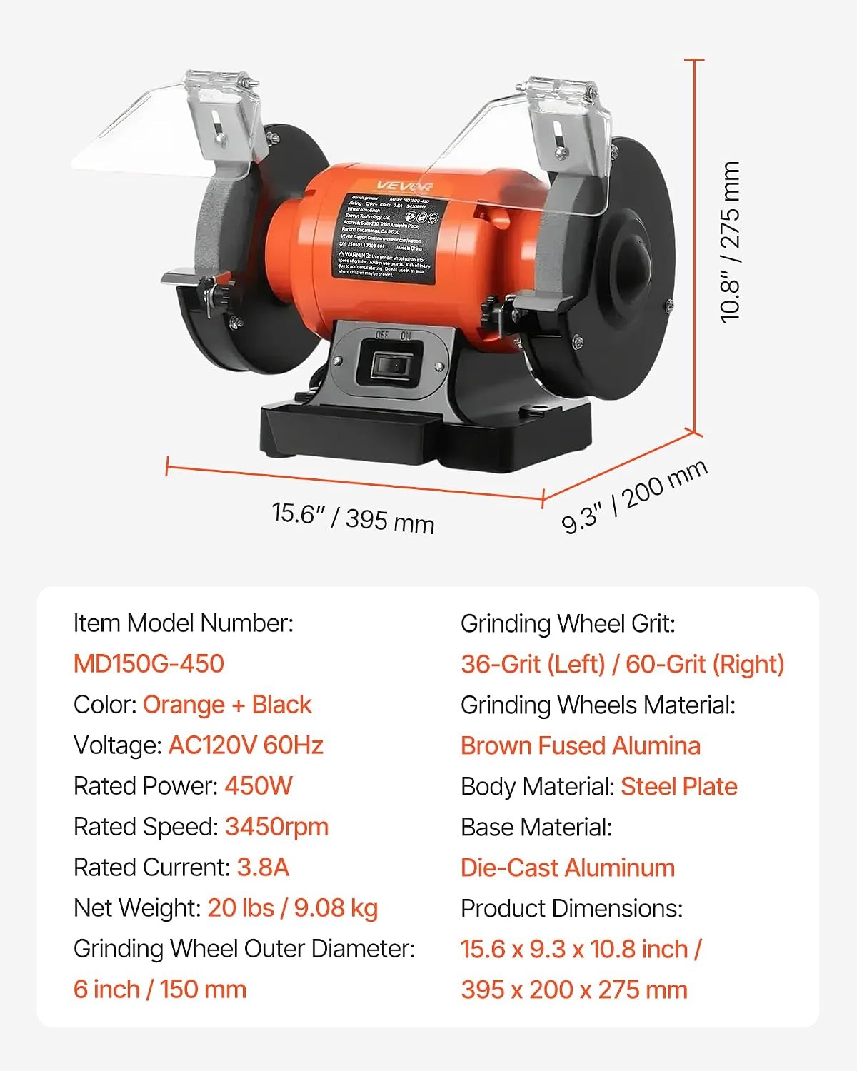 image:imageVEVOR Bench Grinder 6in Single Speed 3450RPM HighSpeed Table Grinders with 450W 38A 35Hp Induction Motor 3660Grit Grinding Wheel amp Adjustable Eye Shield for Fast Sharpening Grinding6 Inch HighSpeed