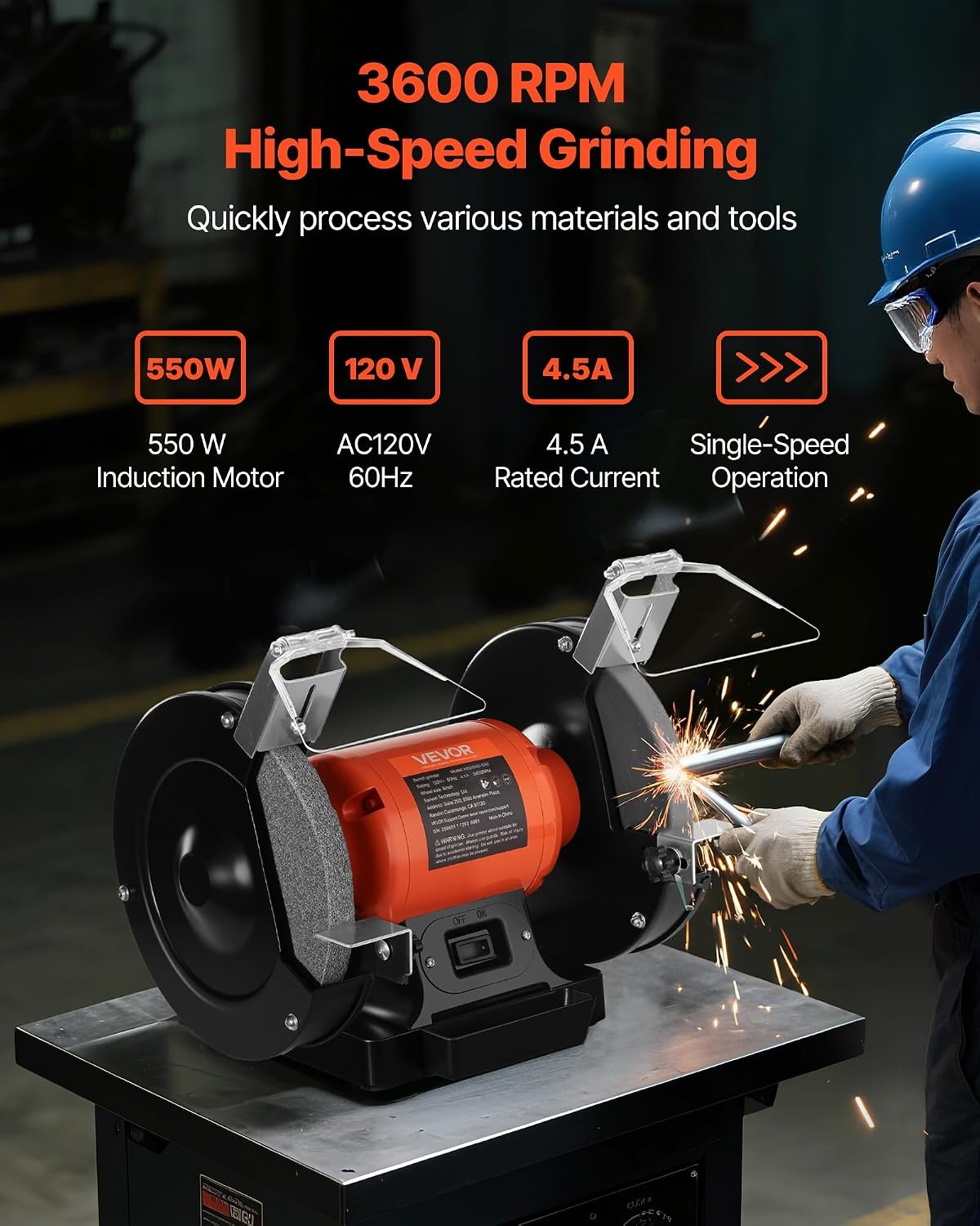 image:imageVEVOR Bench Grinder 6in Single Speed 3450RPM HighSpeed Table Grinders with 450W 38A 35Hp Induction Motor 3660Grit Grinding Wheel amp Adjustable Eye Shield for Fast Sharpening Grinding8 Inch HighSpeed