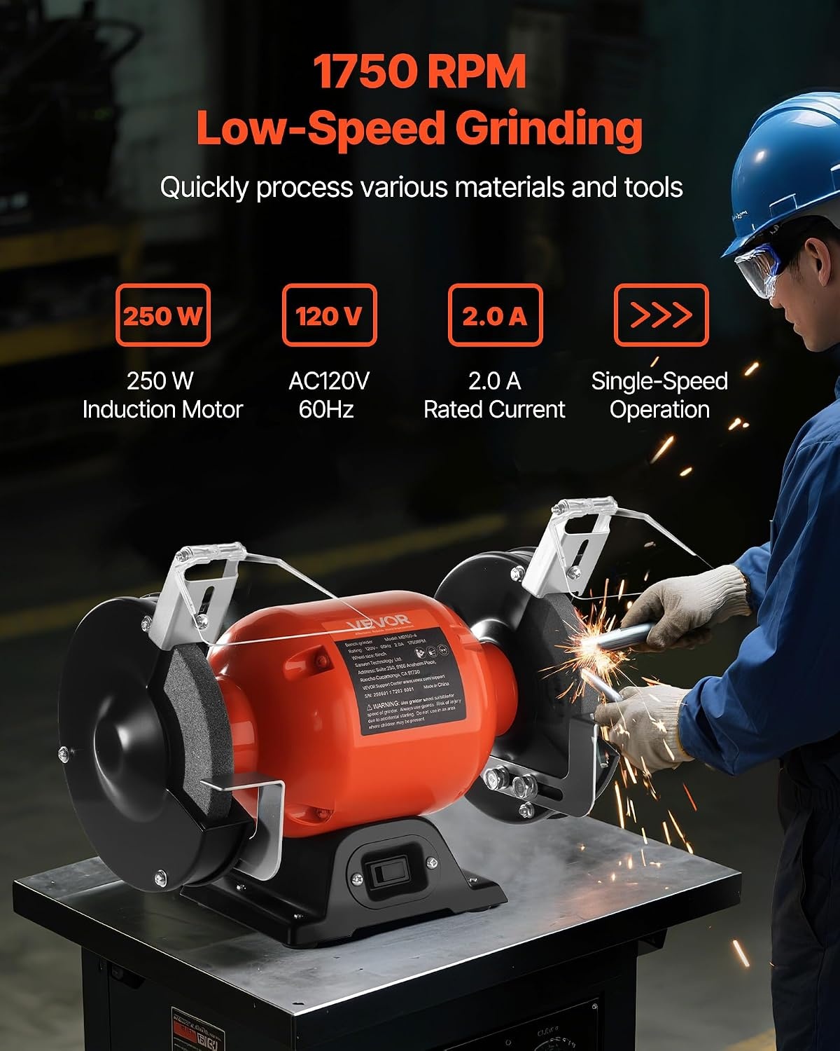 image:imageVEVOR Bench Grinder 6in Single Speed 3450RPM HighSpeed Table Grinders with 450W 38A 35Hp Induction Motor 3660Grit Grinding Wheel amp Adjustable Eye Shield for Fast Sharpening Grinding6 Inch LowSpeed