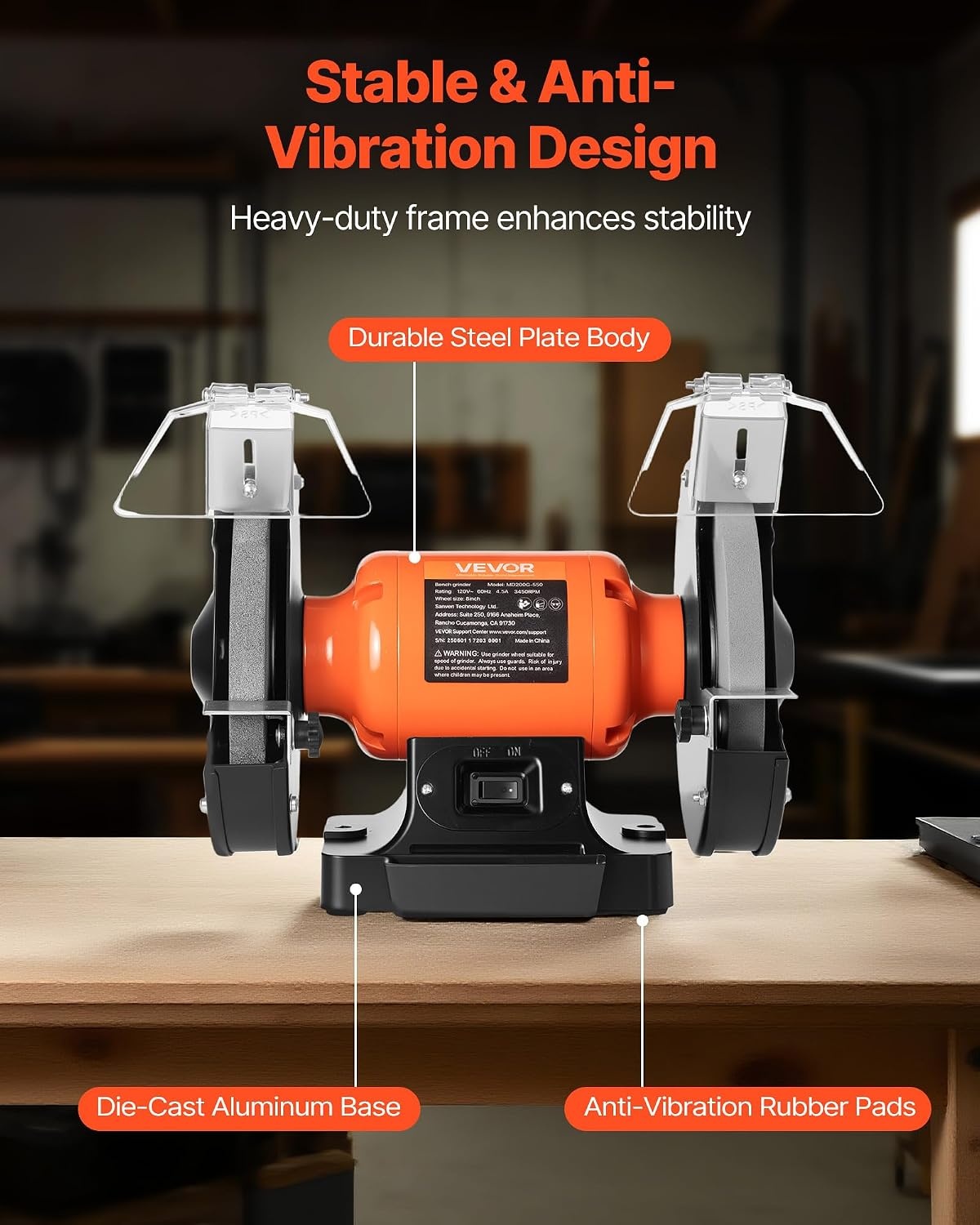 image:imageVEVOR Bench Grinder 6in Single Speed 3450RPM HighSpeed Table Grinders with 450W 38A 35Hp Induction Motor 3660Grit Grinding Wheel amp Adjustable Eye Shield for Fast Sharpening Grinding8 Inch HighSpeed