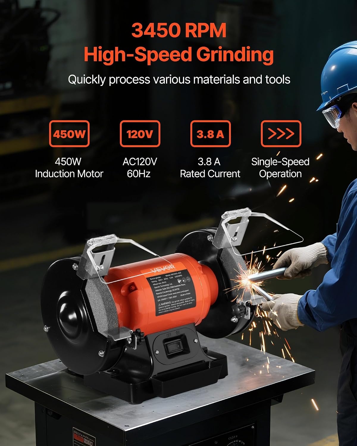 image:imageVEVOR Bench Grinder 6in Single Speed 3450RPM HighSpeed Table Grinders with 450W 38A 35Hp Induction Motor 3660Grit Grinding Wheel amp Adjustable Eye Shield for Fast Sharpening Grinding6 Inch HighSpeed