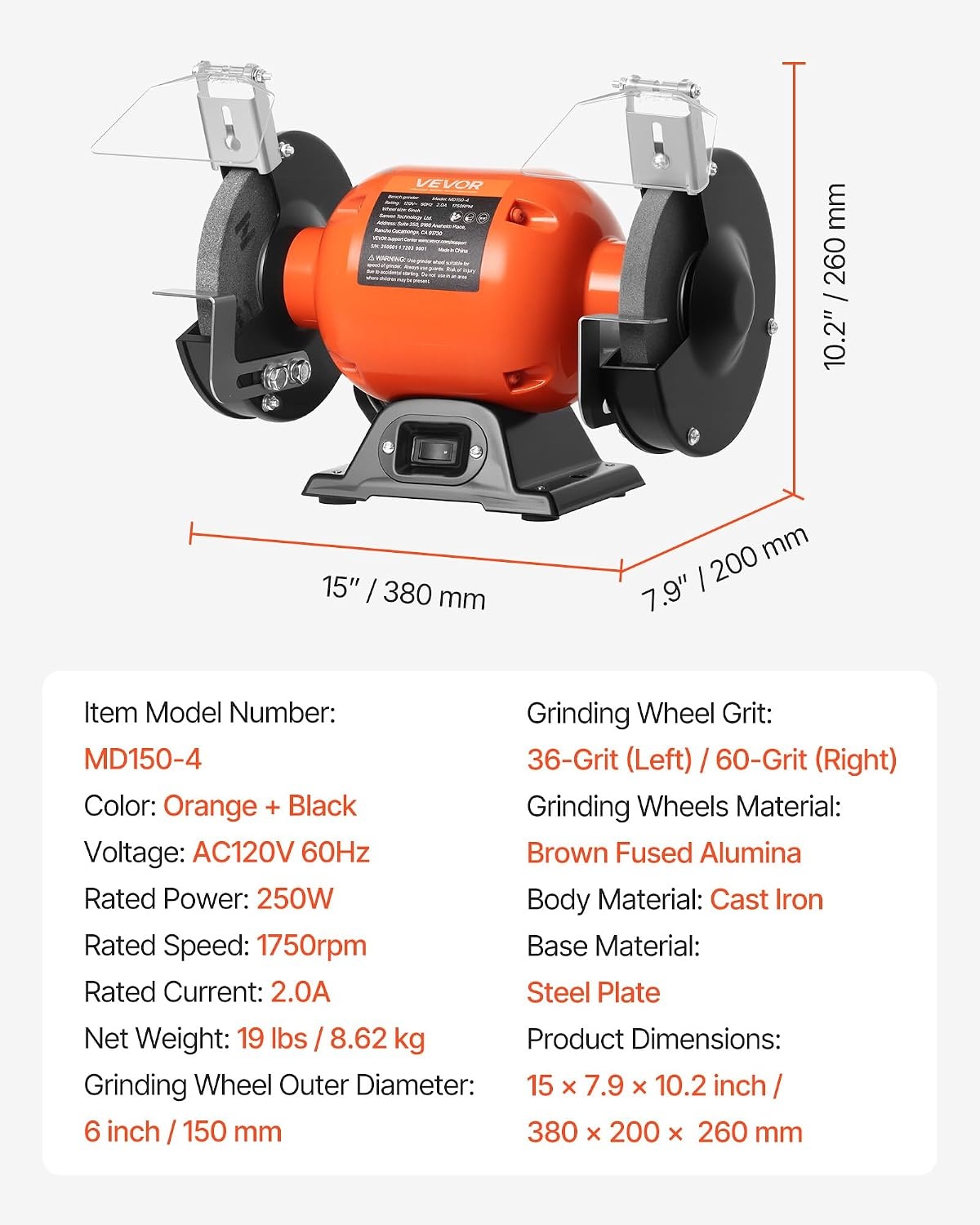 image:imageVEVOR Bench Grinder 6in Single Speed 3450RPM HighSpeed Table Grinders with 450W 38A 35Hp Induction Motor 3660Grit Grinding Wheel amp Adjustable Eye Shield for Fast Sharpening Grinding6 Inch LowSpeed
