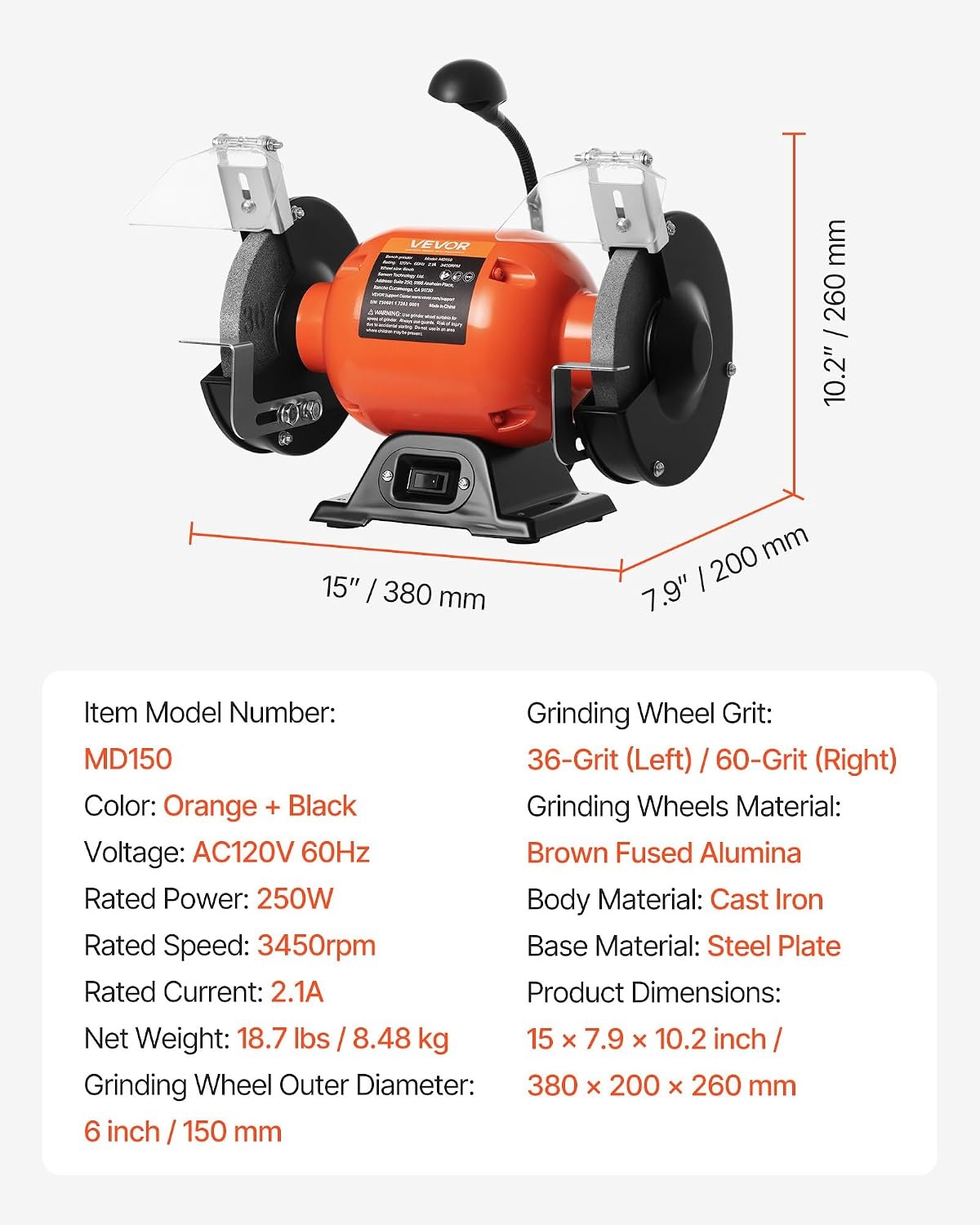 image:imageVEVOR Bench Grinder 6in Single Speed 3450RPM HighSpeed Table Grinders with 450W 38A 35Hp Induction Motor 3660Grit Grinding Wheel amp Adjustable Eye Shield for Fast Sharpening Grinding6 Inch HighSpeed w Light