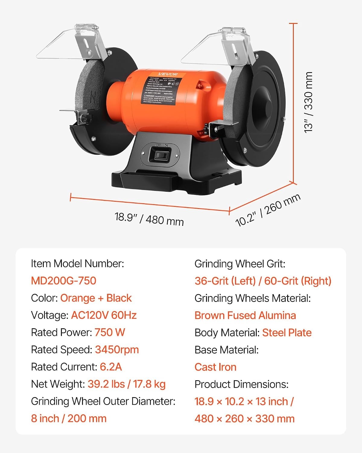 image:imageVEVOR Bench Grinder 8inch Single Speed 3450RPM HighSpeed Table Grinders with 750W 62A 10Hp Induction Motor 3660Grit Grinding Wheel amp Adjustable Eye Shield for Fast Sharpening Grinding