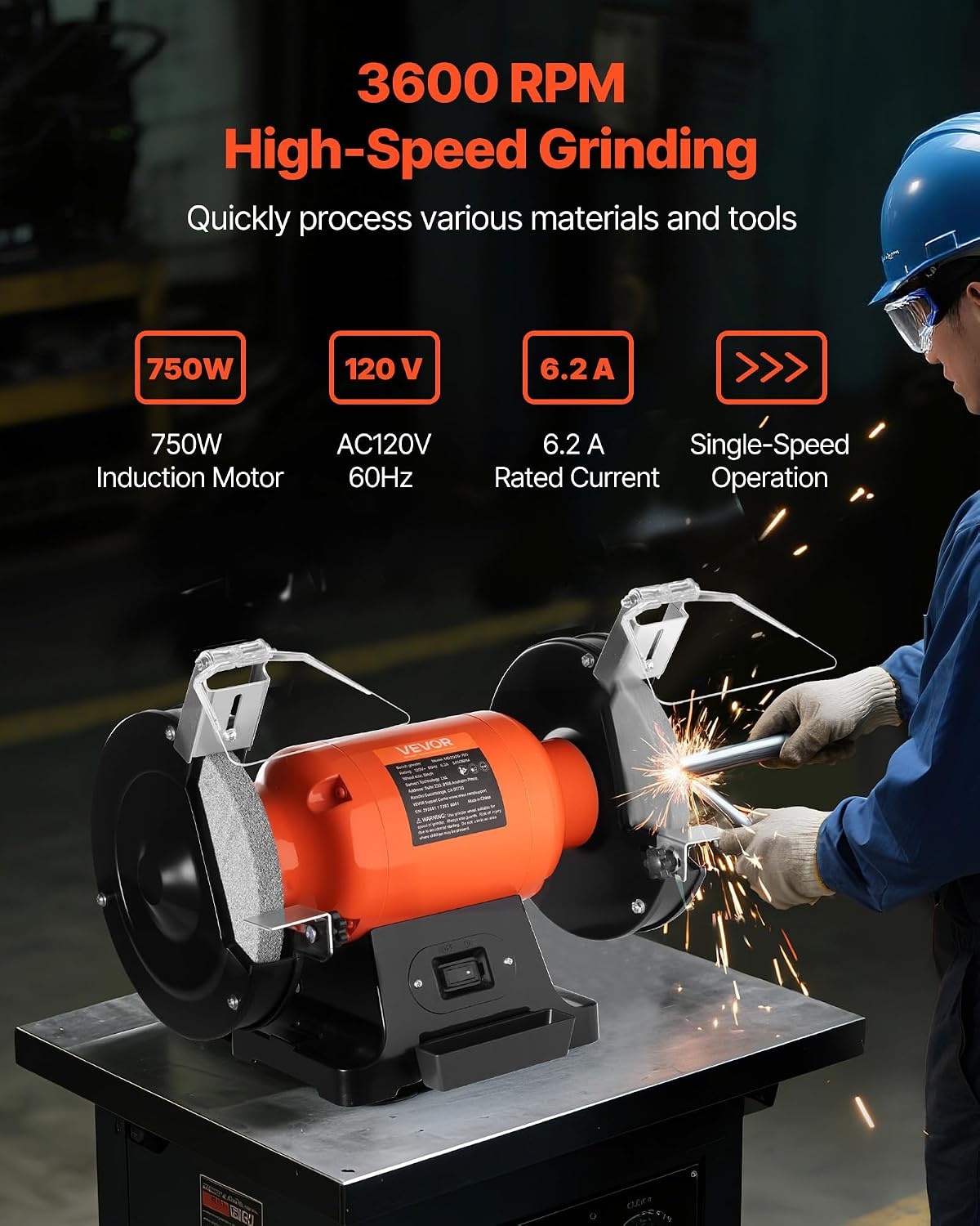 image:imageVEVOR Bench Grinder 8inch Single Speed 3450RPM HighSpeed Table Grinders with 750W 62A 10Hp Induction Motor 3660Grit Grinding Wheel amp Adjustable Eye Shield for Fast Sharpening Grinding
