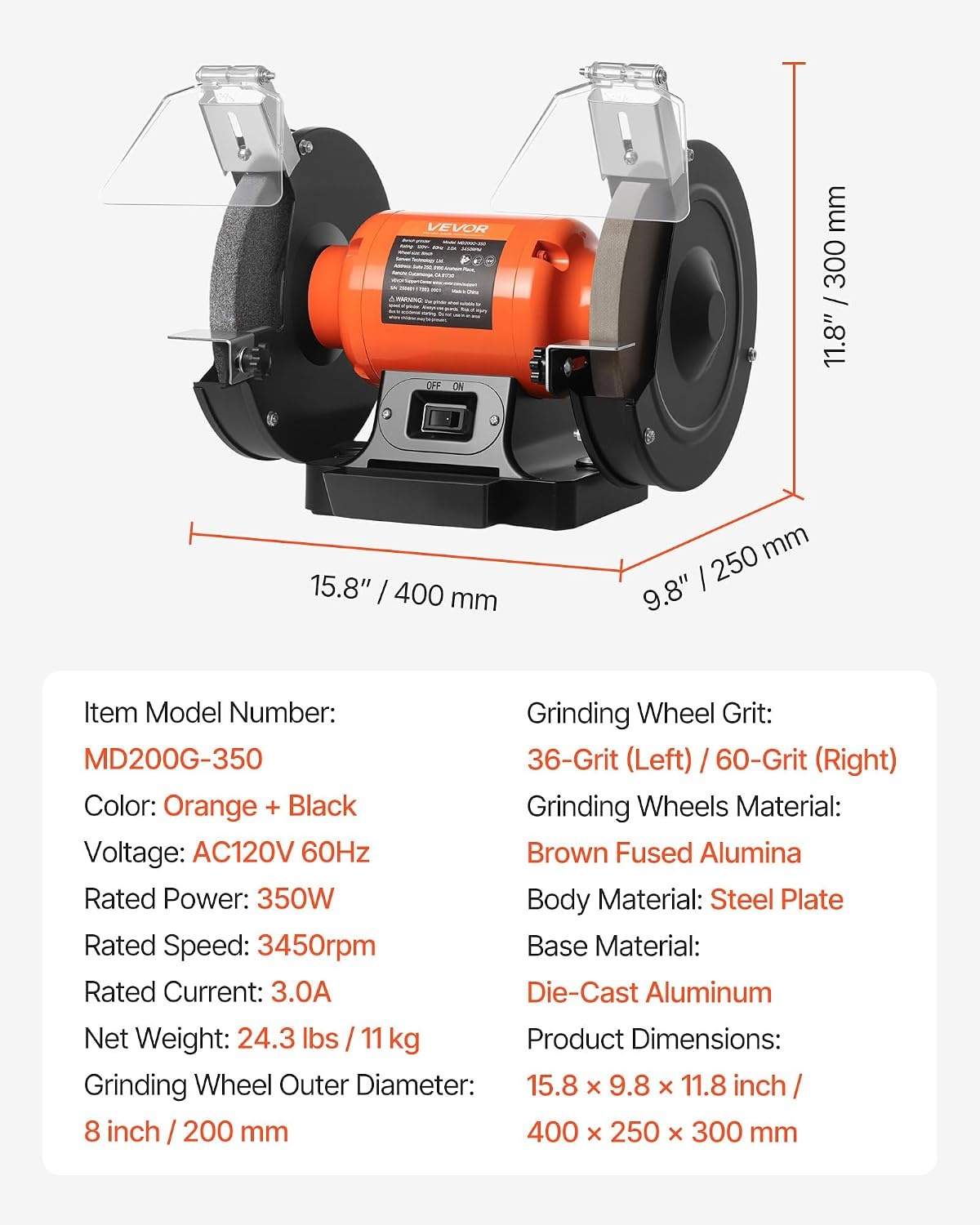 image:imageVEVOR Bench Grinder 8inch Single Speed Bench Grinder 3450RPM HighSpeed Table Grinders with 350W 30A Induction Motor 3660Grit Grinding Wheel amp Adjustable Eye Shield for Fast Sharpening Grinding