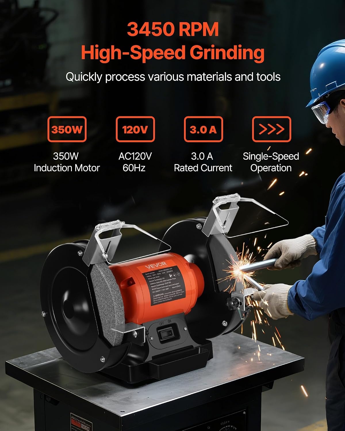image:imageVEVOR Bench Grinder 8inch Single Speed Bench Grinder 3450RPM HighSpeed Table Grinders with 350W 30A Induction Motor 3660Grit Grinding Wheel amp Adjustable Eye Shield for Fast Sharpening Grinding
