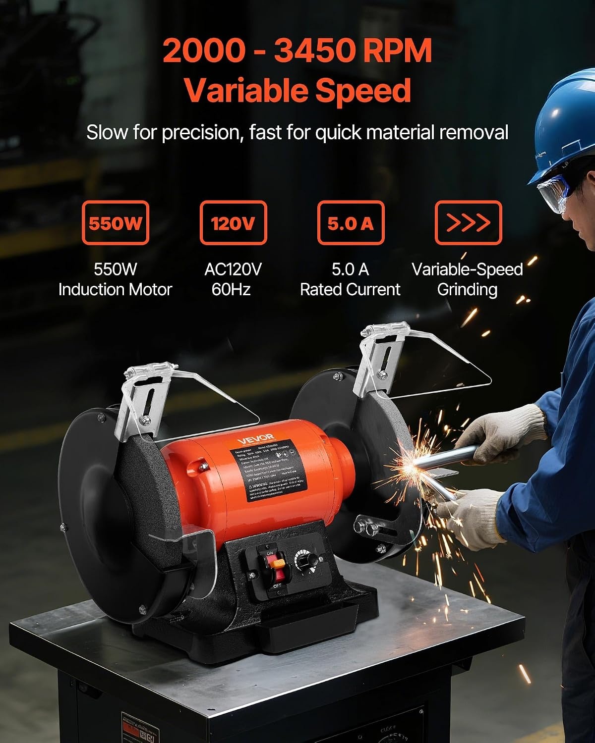 image:imageVEVOR Bench Grinder 8inch Variable Speed Bench Grinder 20003450RPM Table Grinders with 550W 50A 34Hp Induction Motor 3660Grit Grinding Wheel amp Adjustable Eye Shield for Sharpening Grinding8 inch550W