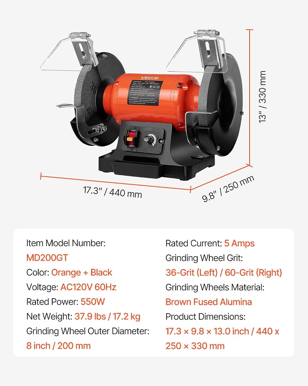 image:imageVEVOR Bench Grinder 8inch Variable Speed Bench Grinder 20003450RPM Table Grinders with 550W 50A 34Hp Induction Motor 3660Grit Grinding Wheel amp Adjustable Eye Shield for Sharpening Grinding8 inch550W