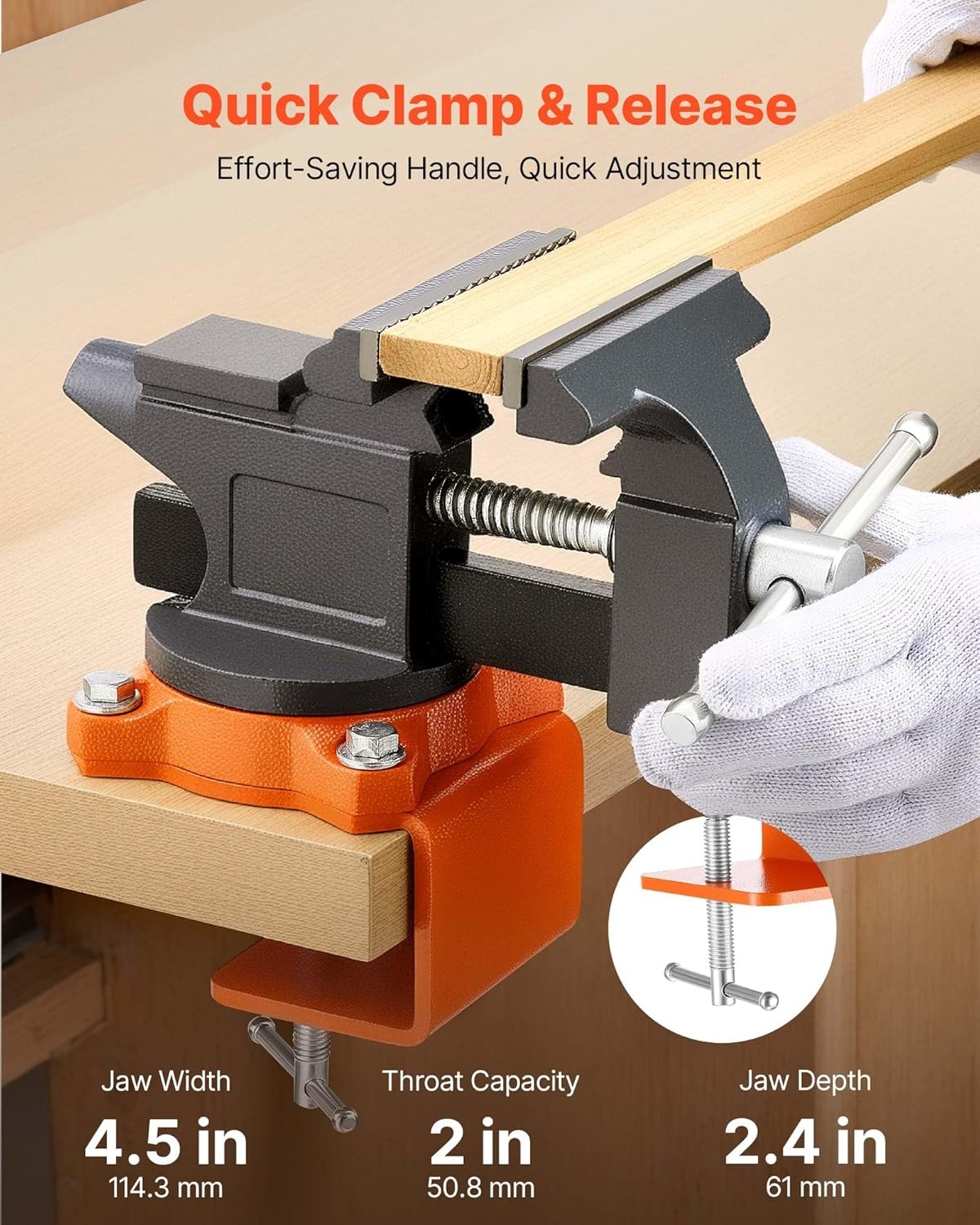 image:imageVEVOR Bench Vise 3 Inch Portable Workbench Vice with 360 Swivel Base Quick Release Rotating Bench Clamp Raised Base Cast Iron Construction for Woodworking Metalworking Drilling and Cutting45inch