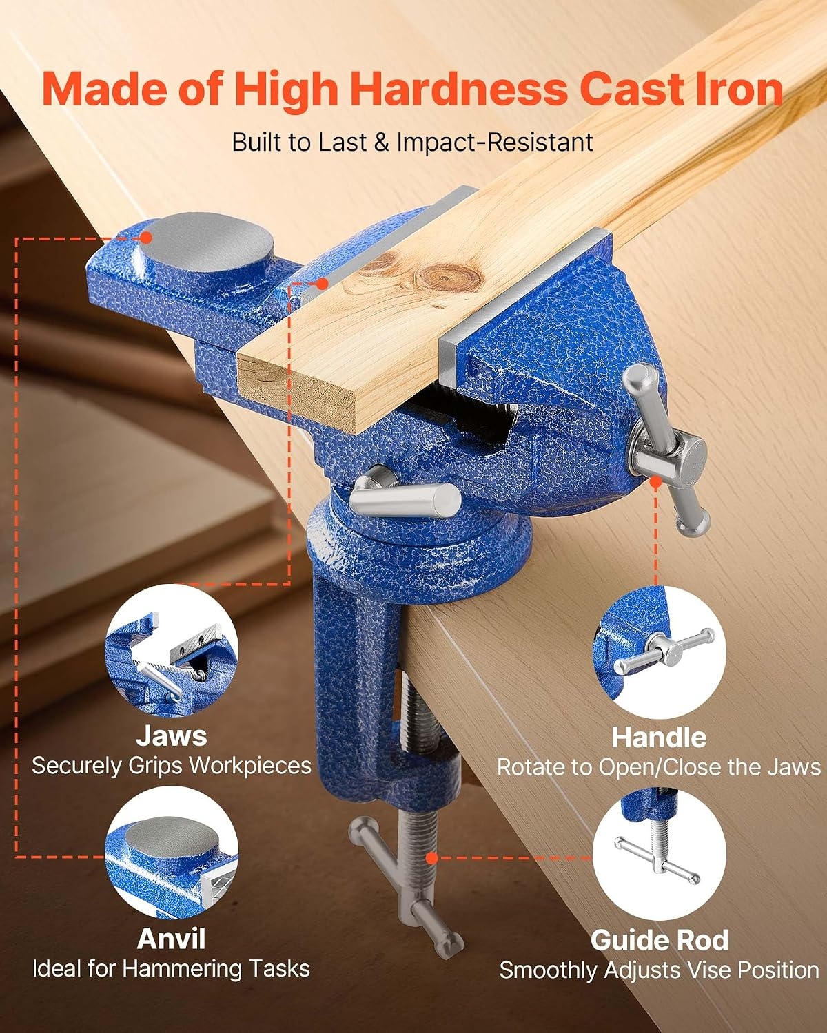 image:imageVEVOR Bench Vise 3 Inch Portable Workbench Vice with 360 Swivel Base Quick Release Rotating Bench Clamp Raised Base Cast Iron Construction for Woodworking Metalworking Drilling and Cutting3inch